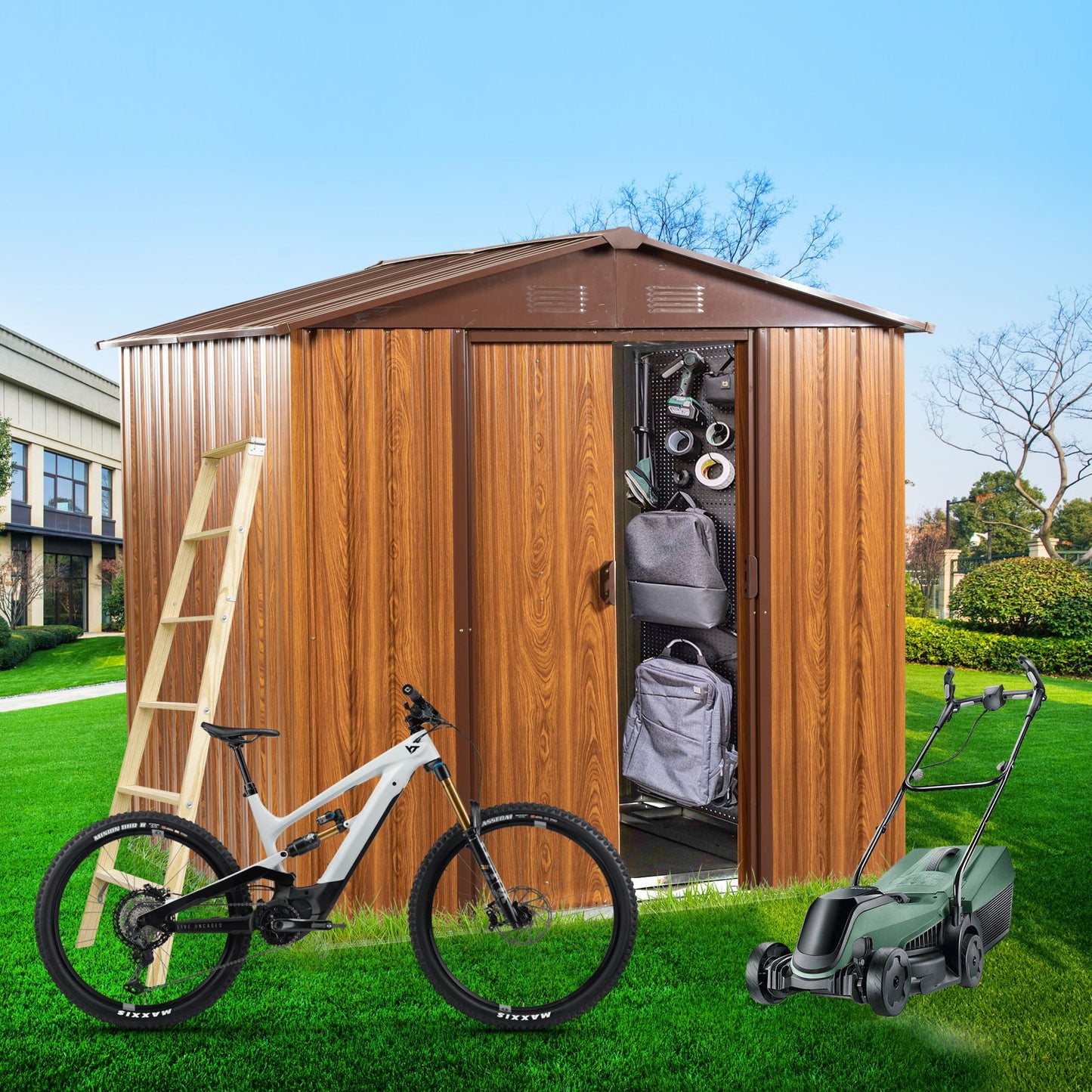 6x6 FT Metal Storage Shed, Sliding Door, Gable Roof, Wood