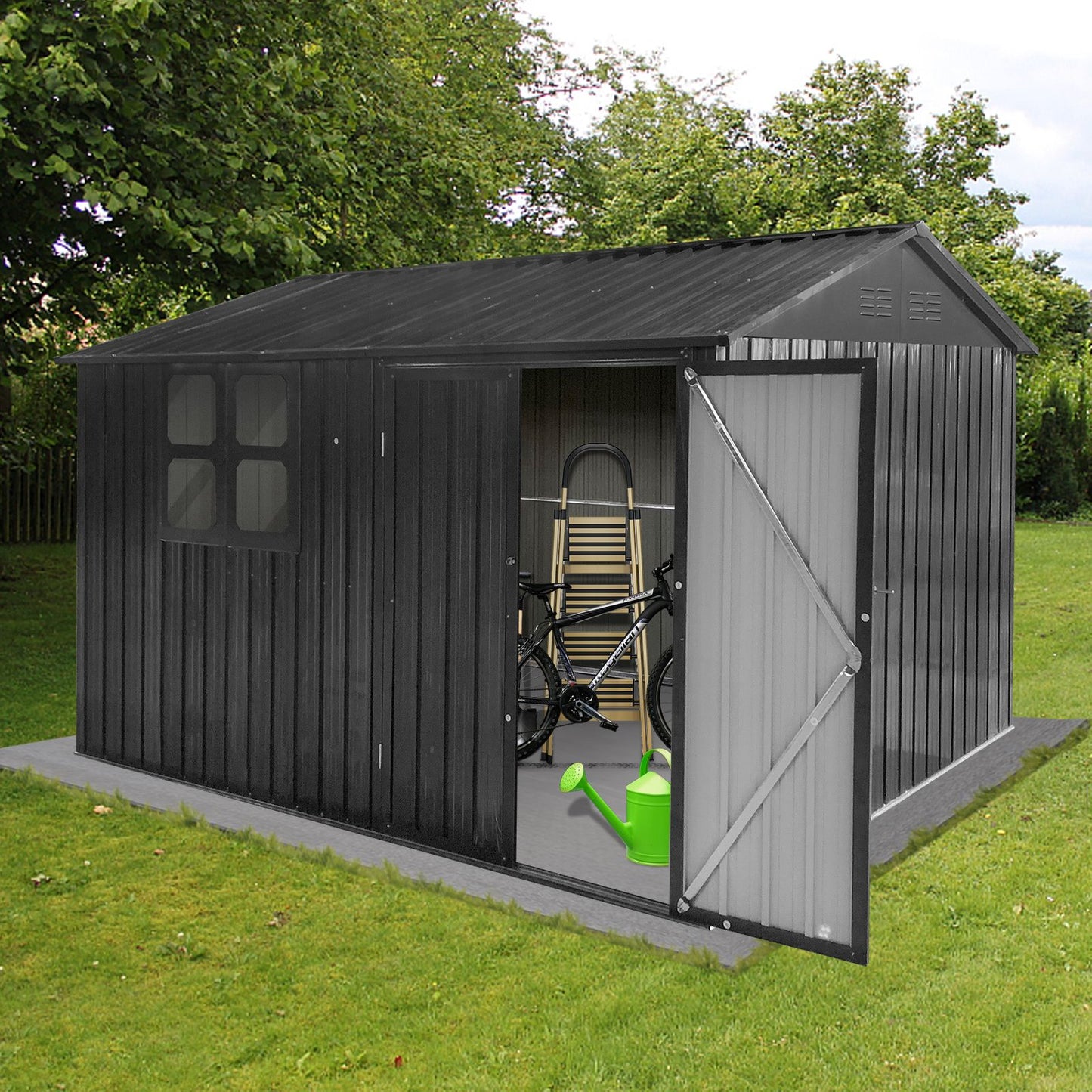 10x8 FT Metal Storage Shed, Window, Double Open Door, Gable Roof, Black