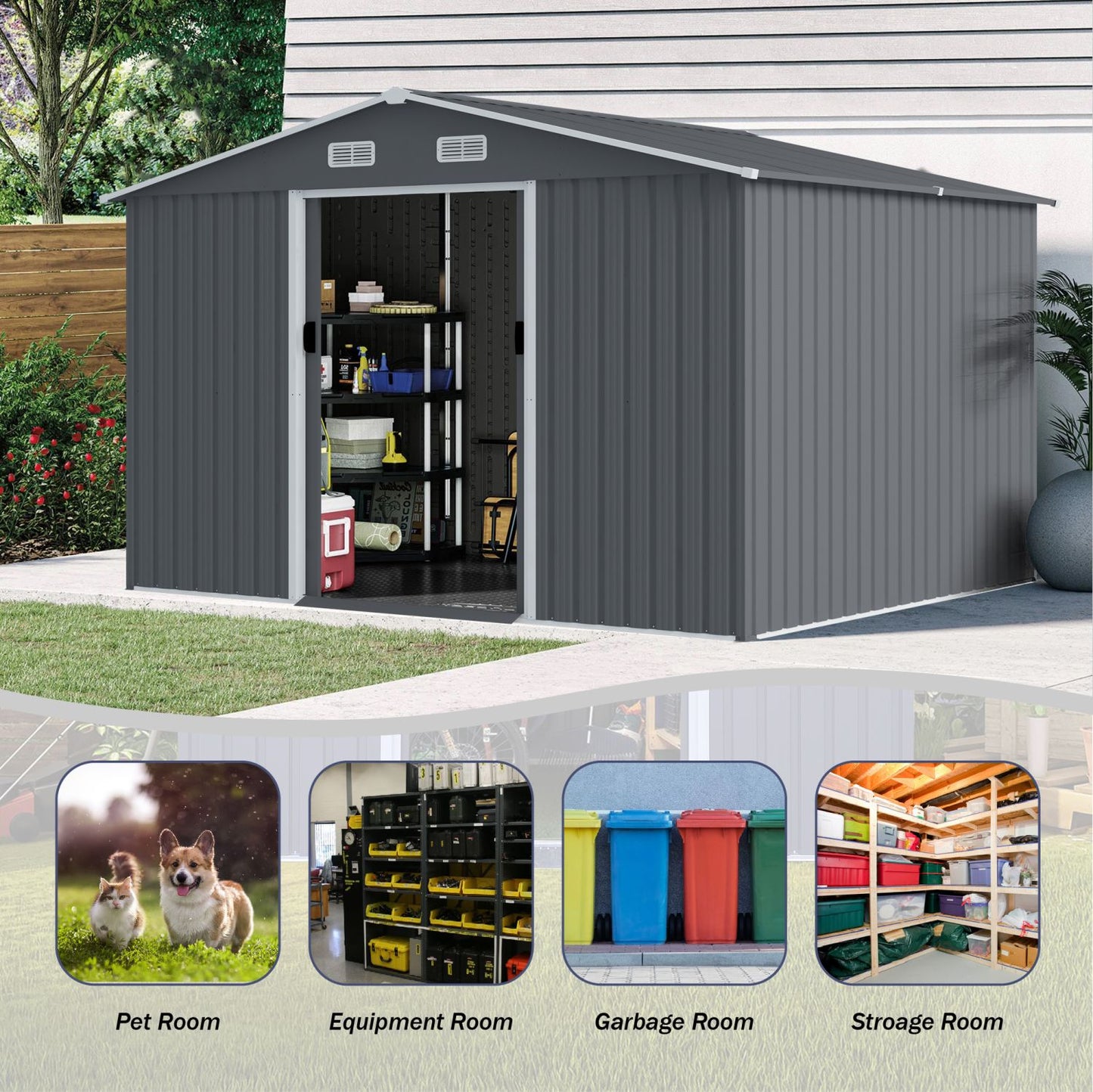 8x10 FT Metal Storage Shed, Sliding Door, Gable Roof, Gray