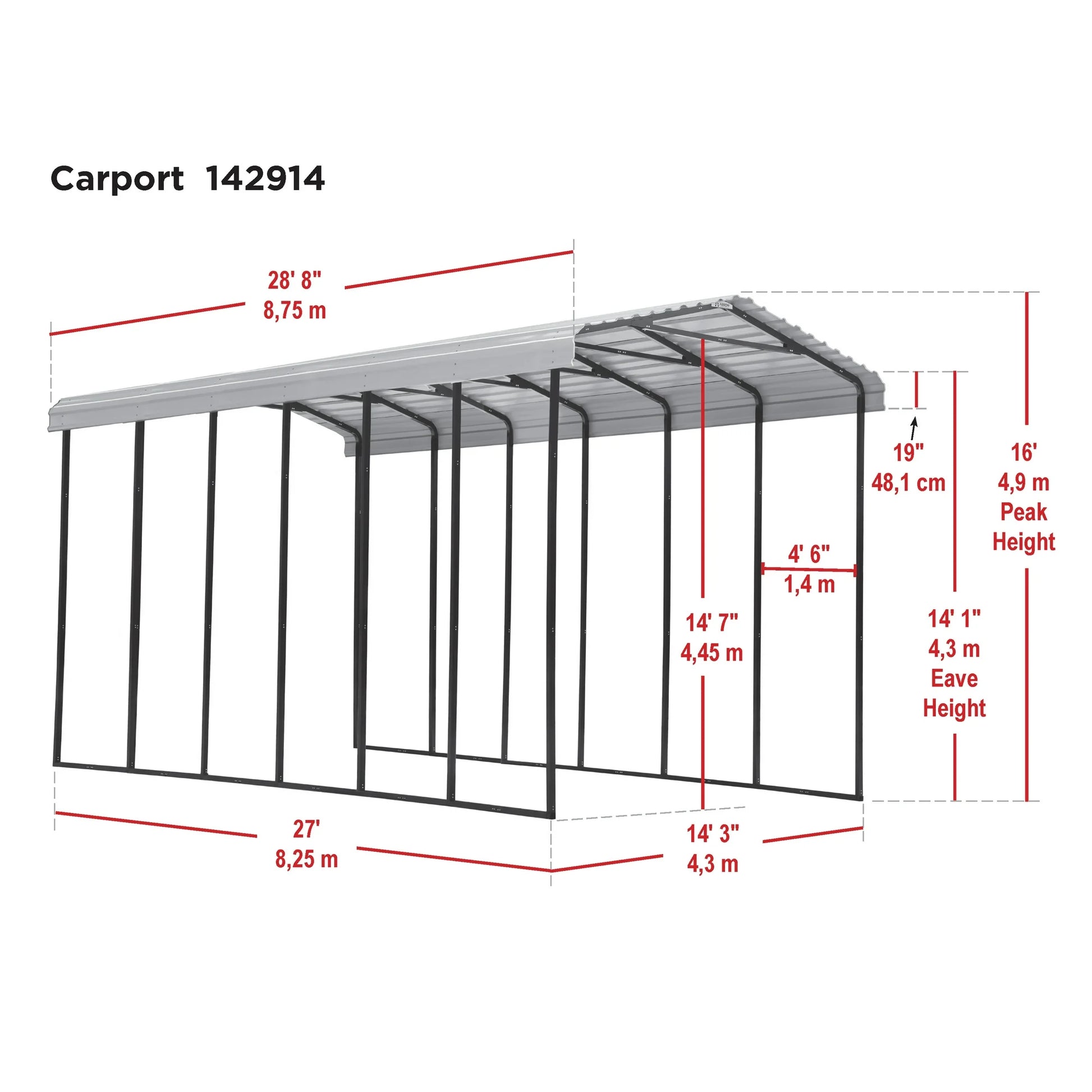 14×29 FT RV Metal Carport Kit, 14 FT Peak High, 2x3 Inch Galvanized Steel Frame
