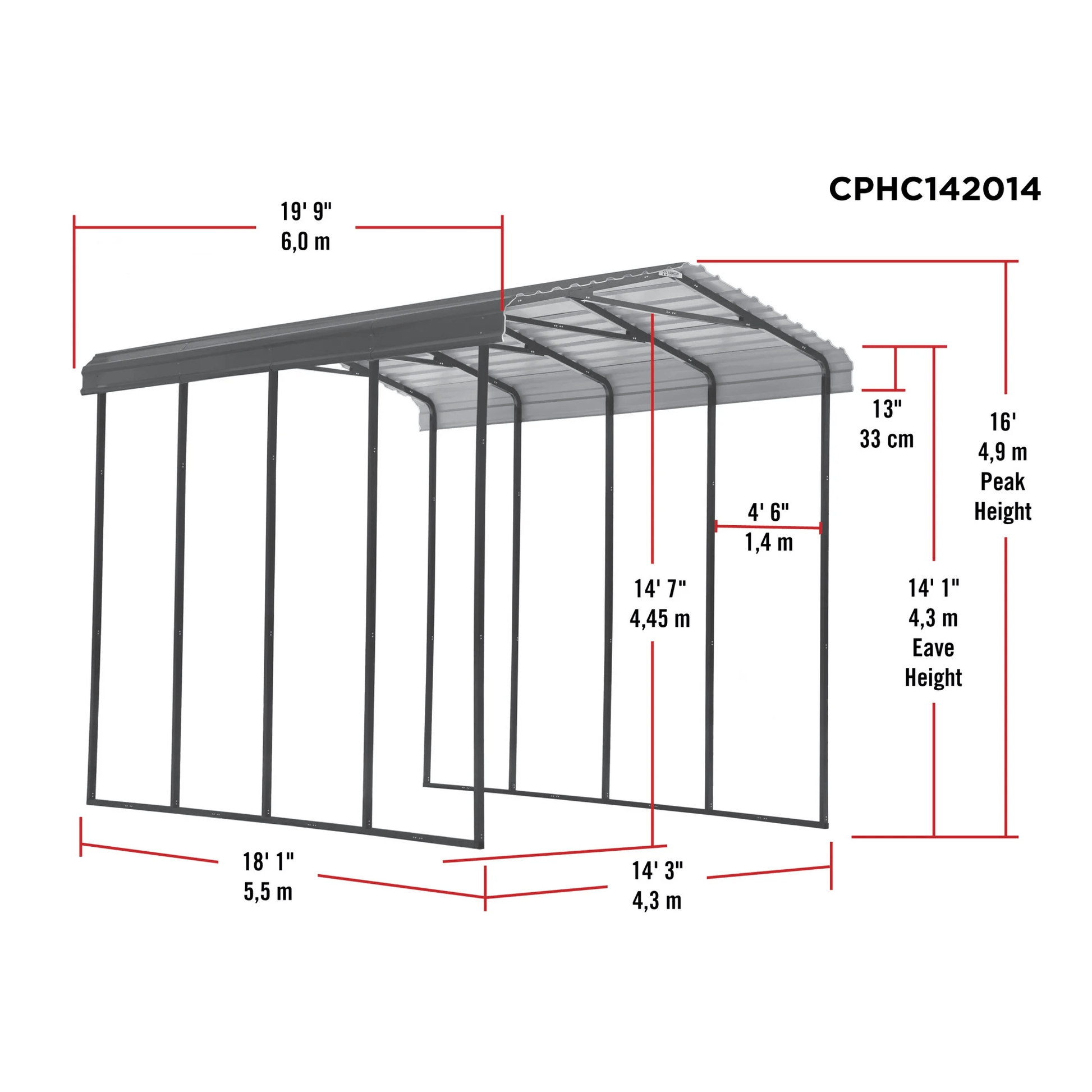 14×20 FT RV Metal Carport Kit, 14 FT Peak High, 2x3 Inch Galvanized Steel Frame