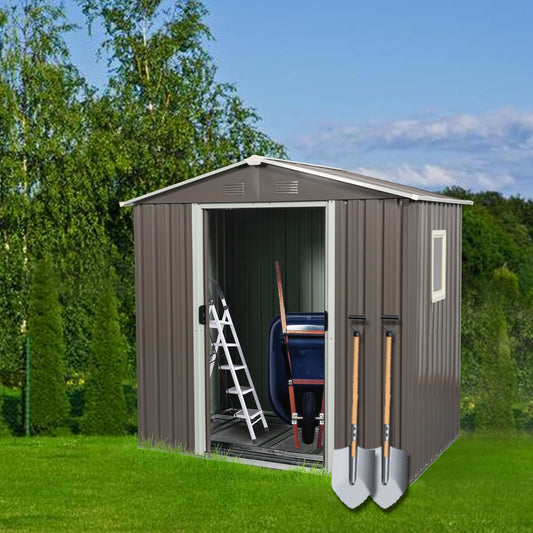 6x5 FT Metal Storage Shed, Window, Sliding Door, Gable Roof, Gray
