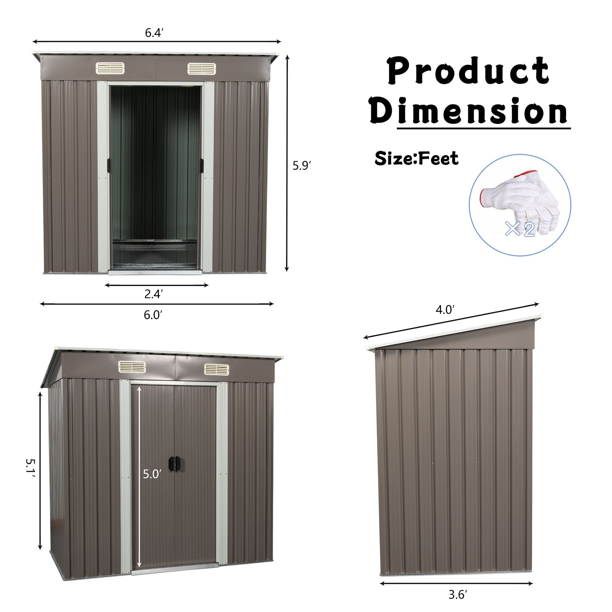 6x4 FT Metal Storage Shed, Sliding Door, Lean-to Roof, Gray