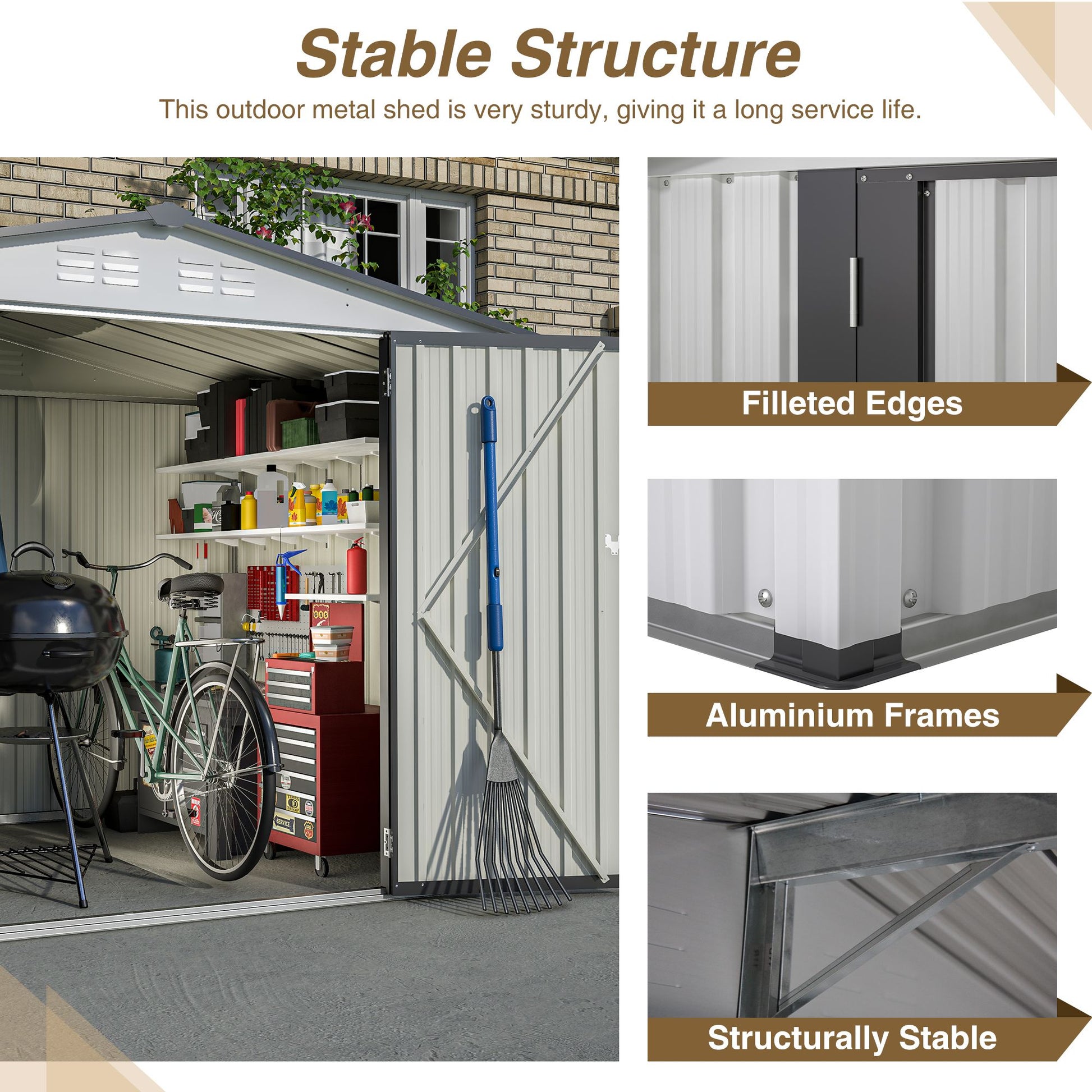 8x6 FT Metal Storage Shed, Double Open Door, Gable Roof, White