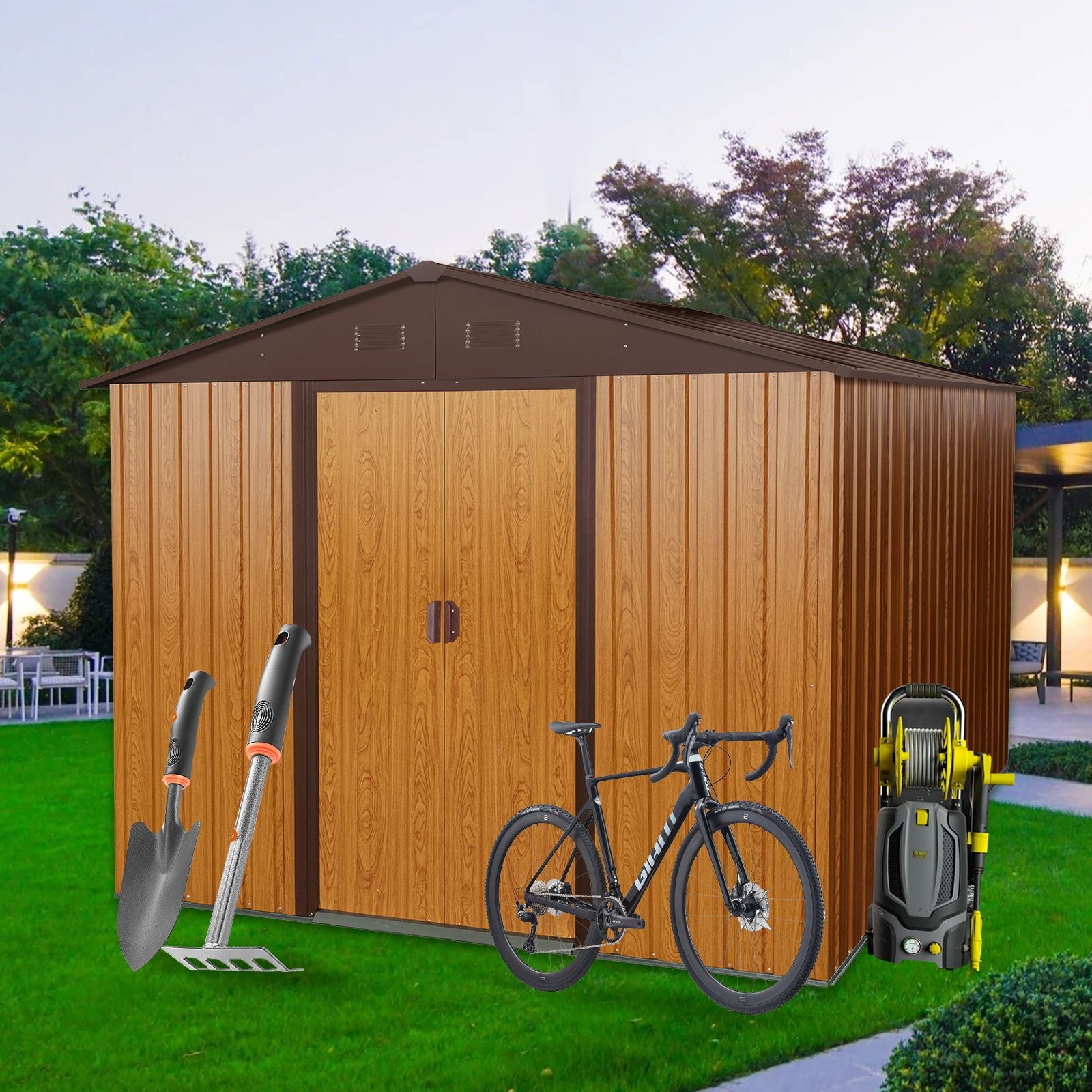 8x10 FT Metal Storage Shed, Sliding Door, Gable Roof, Wood
