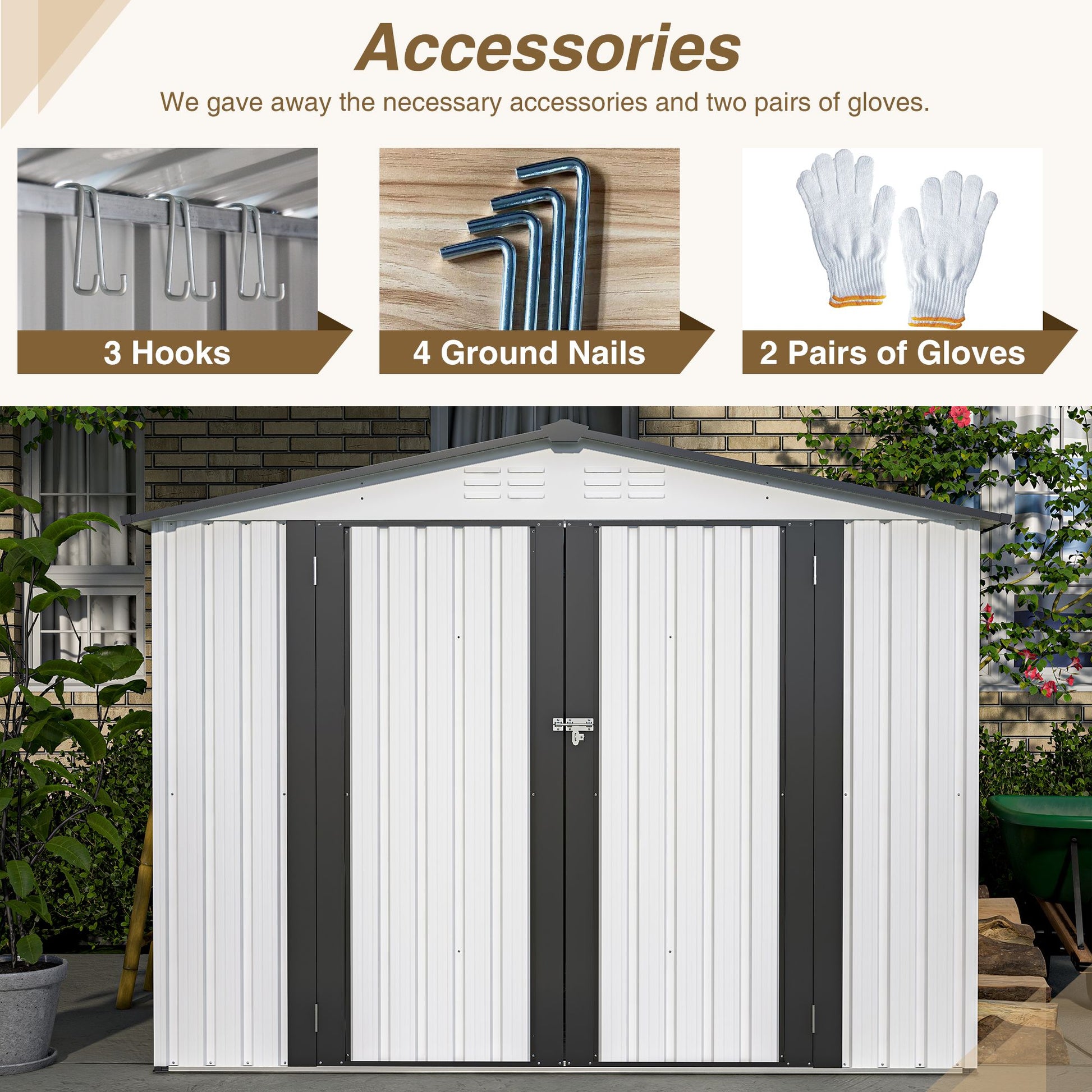8x6 FT Metal Storage Shed, Double Open Door, Gable Roof, White