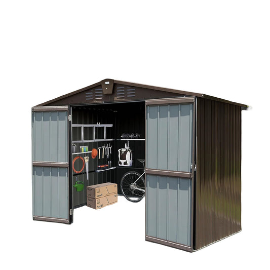 10x8 FT Metal Storage Shed, Double Open Door, Gable Roof, Brown