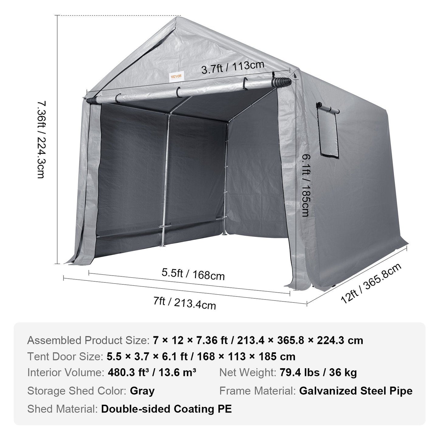 7x12 FT Fabric Carport, 8.46 oz Fabric, 7.36 FT Peak Height, Gray