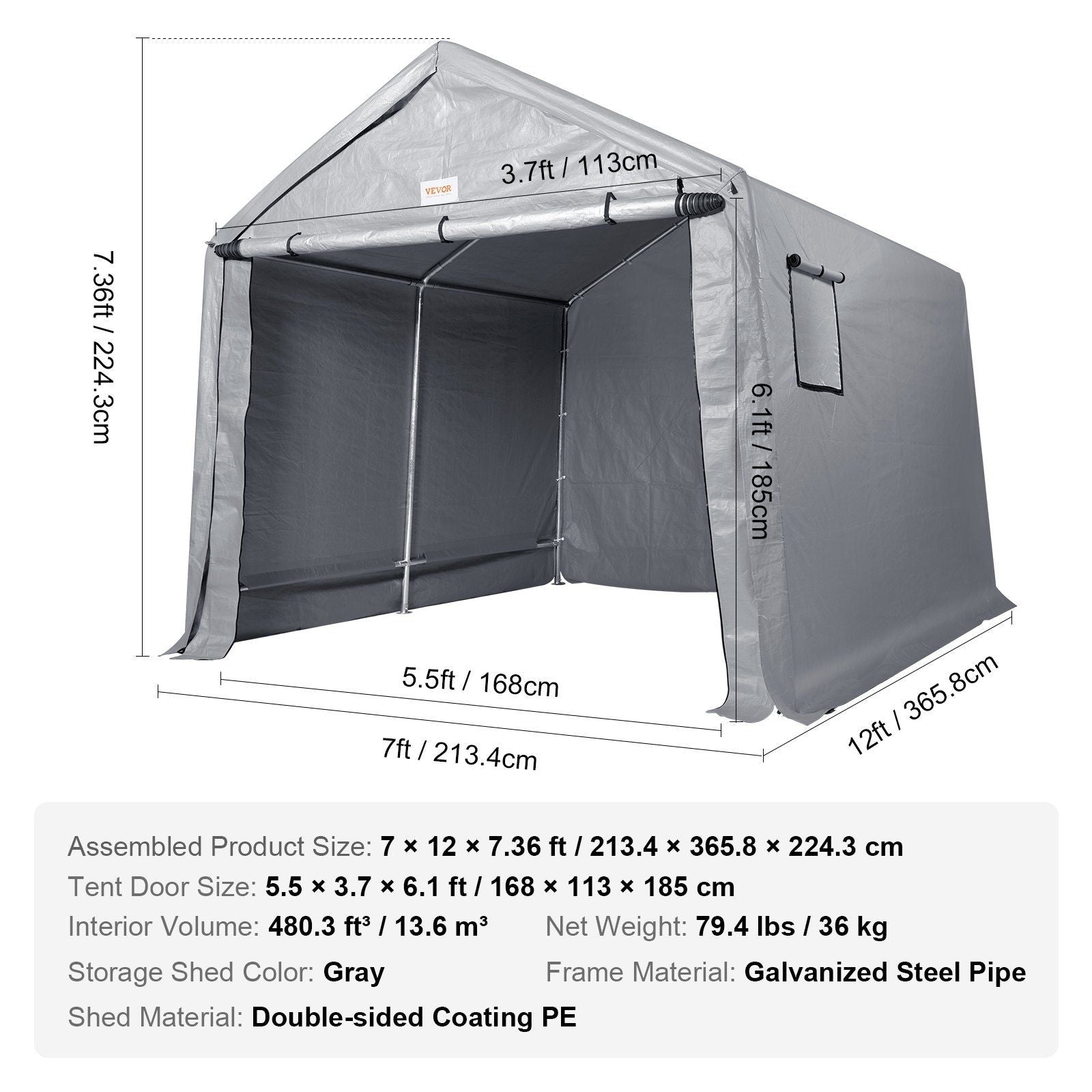 7x12 FT Fabric Carport, 8.46 oz Fabric, 7.36 FT Peak Height, Gray