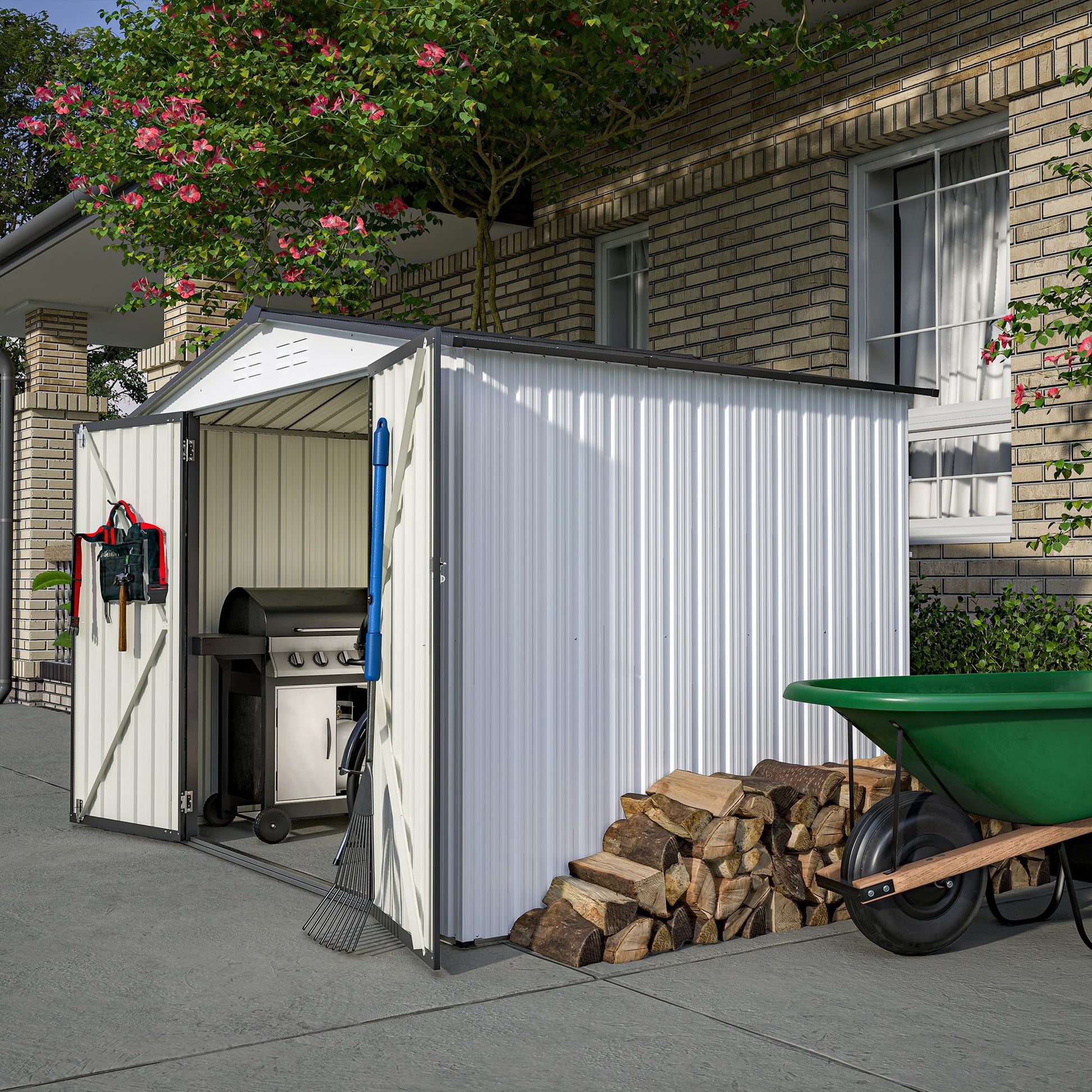 8x6 FT Metal Storage Shed, Double Open Door, Gable Roof, White