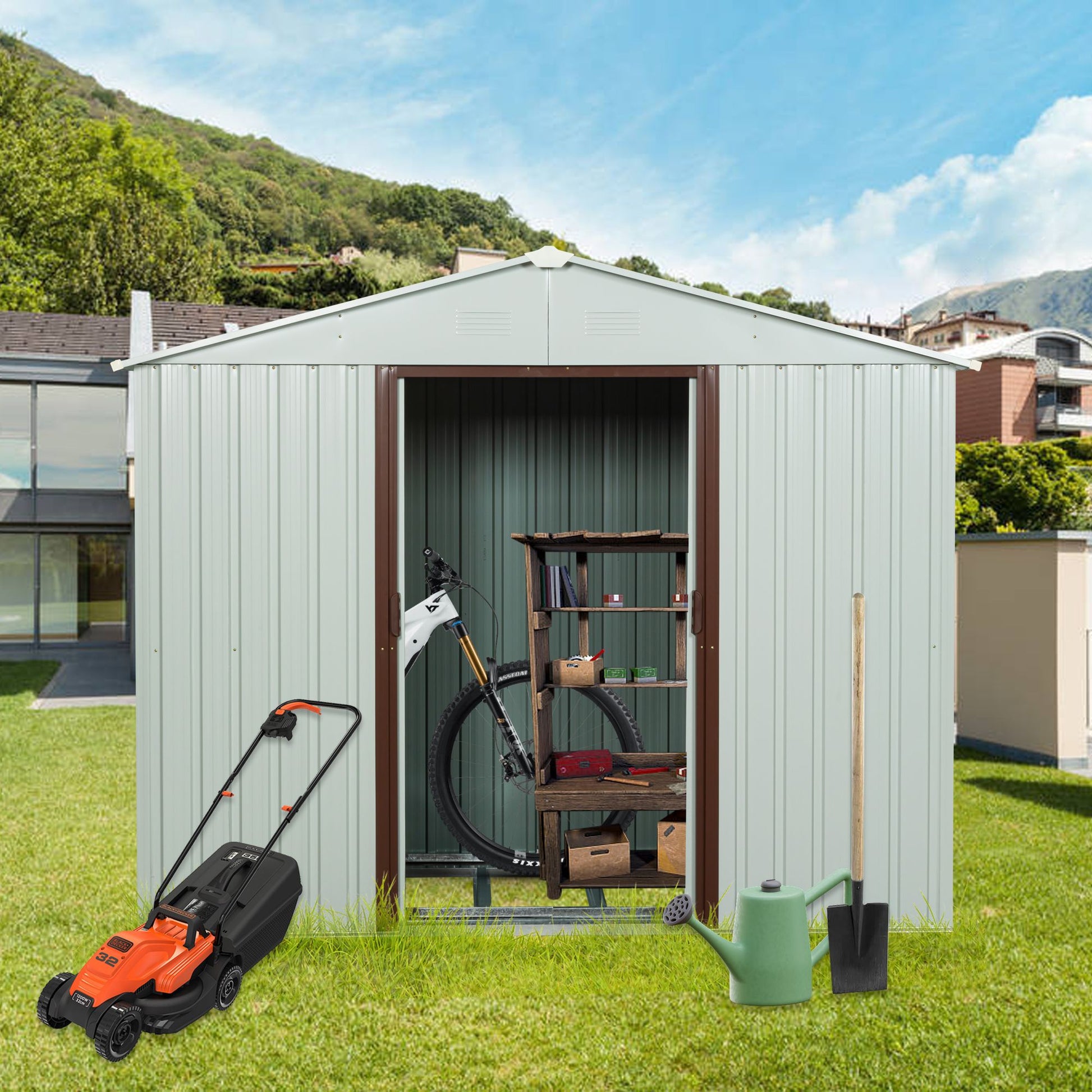 6x5 FT Metal Storage Shed, Sliding Door, Gable Roof, White
