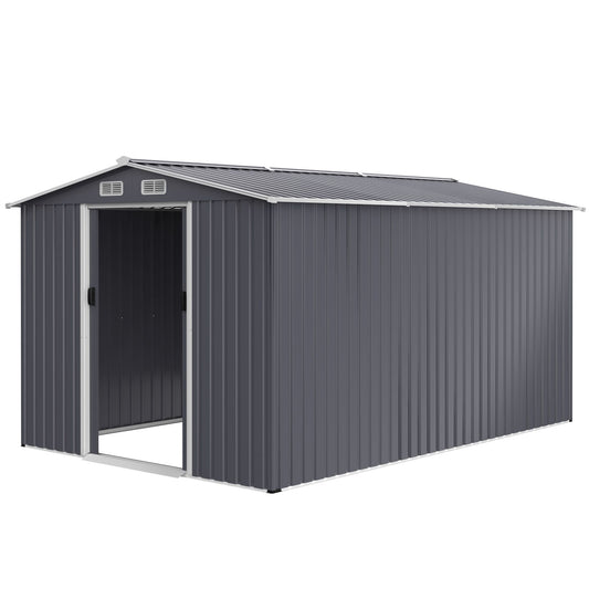 8x12 FT Metal Storage Shed, Sliding Door, Gable Roof, Gray