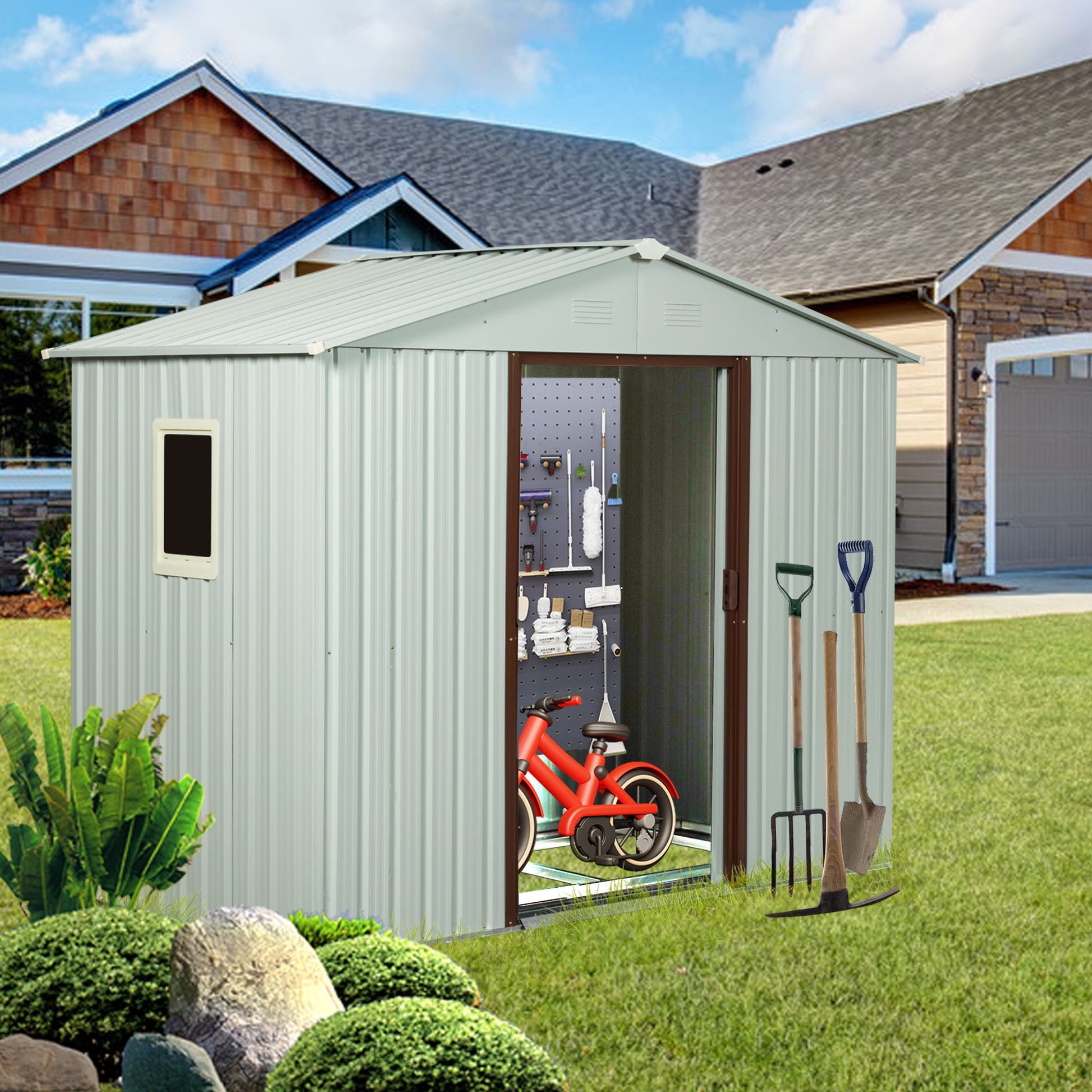 6x5 FT Metal Storage Shed, Window, Sliding Door, Gable Roof, White