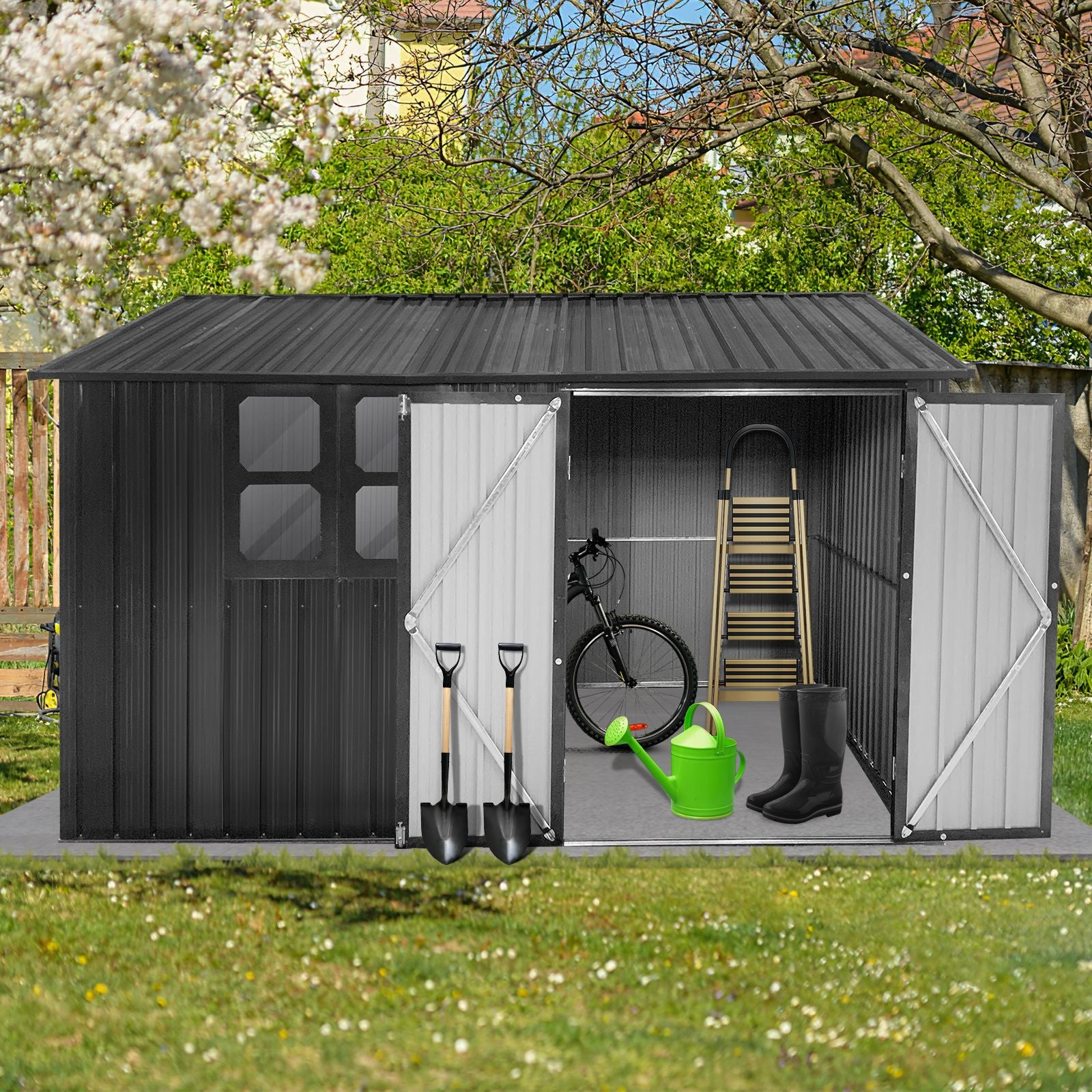 10x8 FT Metal Storage Shed, Window, Double Open Door, Gable Roof, Black