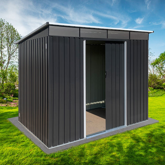 6x8 FT Metal Storage Shed, Skylight, Sliding Door, Lean-to Roof, Black