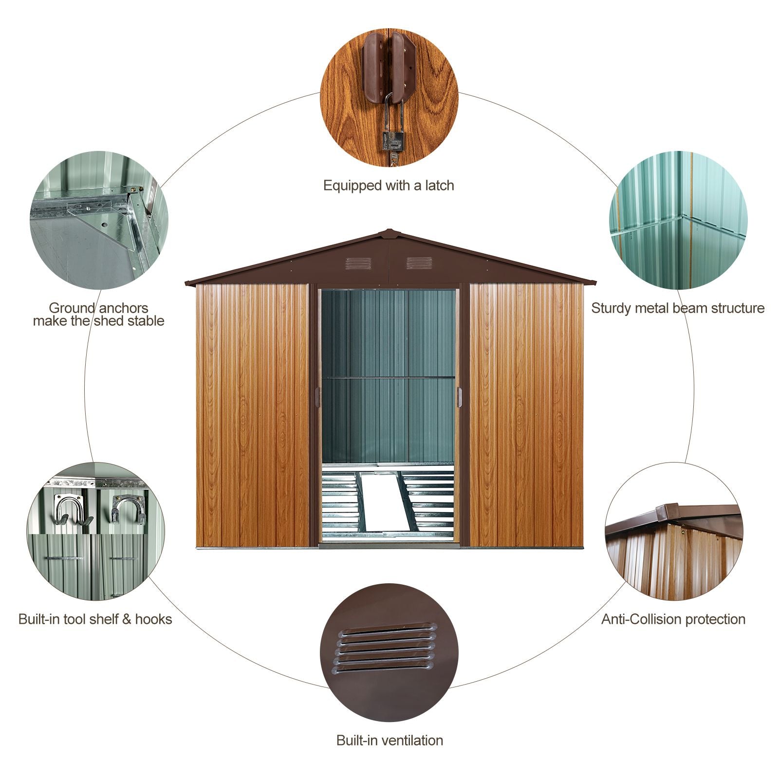 8x10 FT Metal Storage Shed, Sliding Door, Gable Roof, Wood