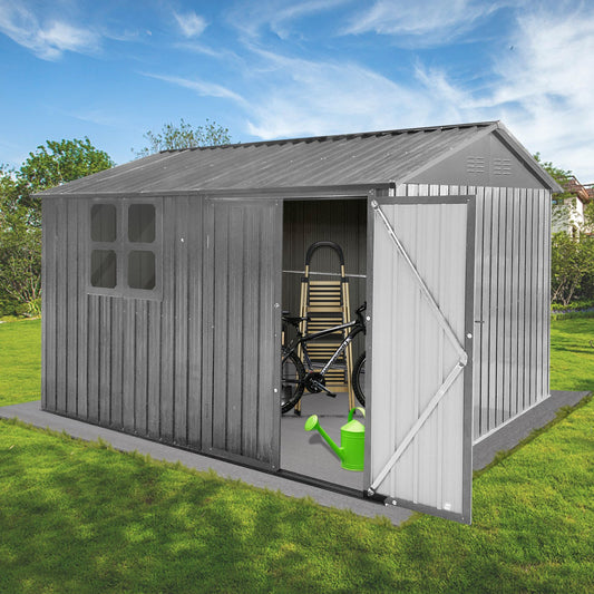 10x8 FT Metal Storage Shed, Window, Double Open Door, Gable Roof, Gray