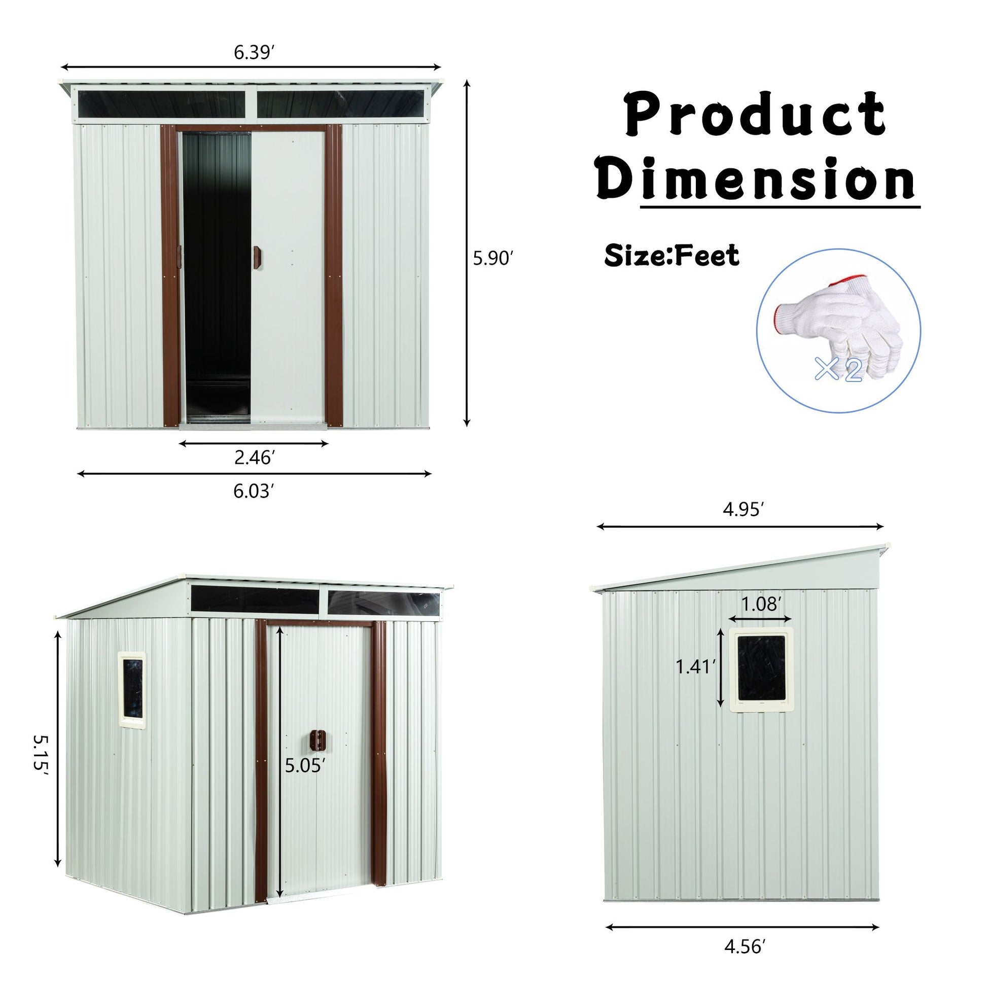 6x5 FT Metal Storage Shed, Skylight & Window, Sliding Door, Lean-to Roof, White