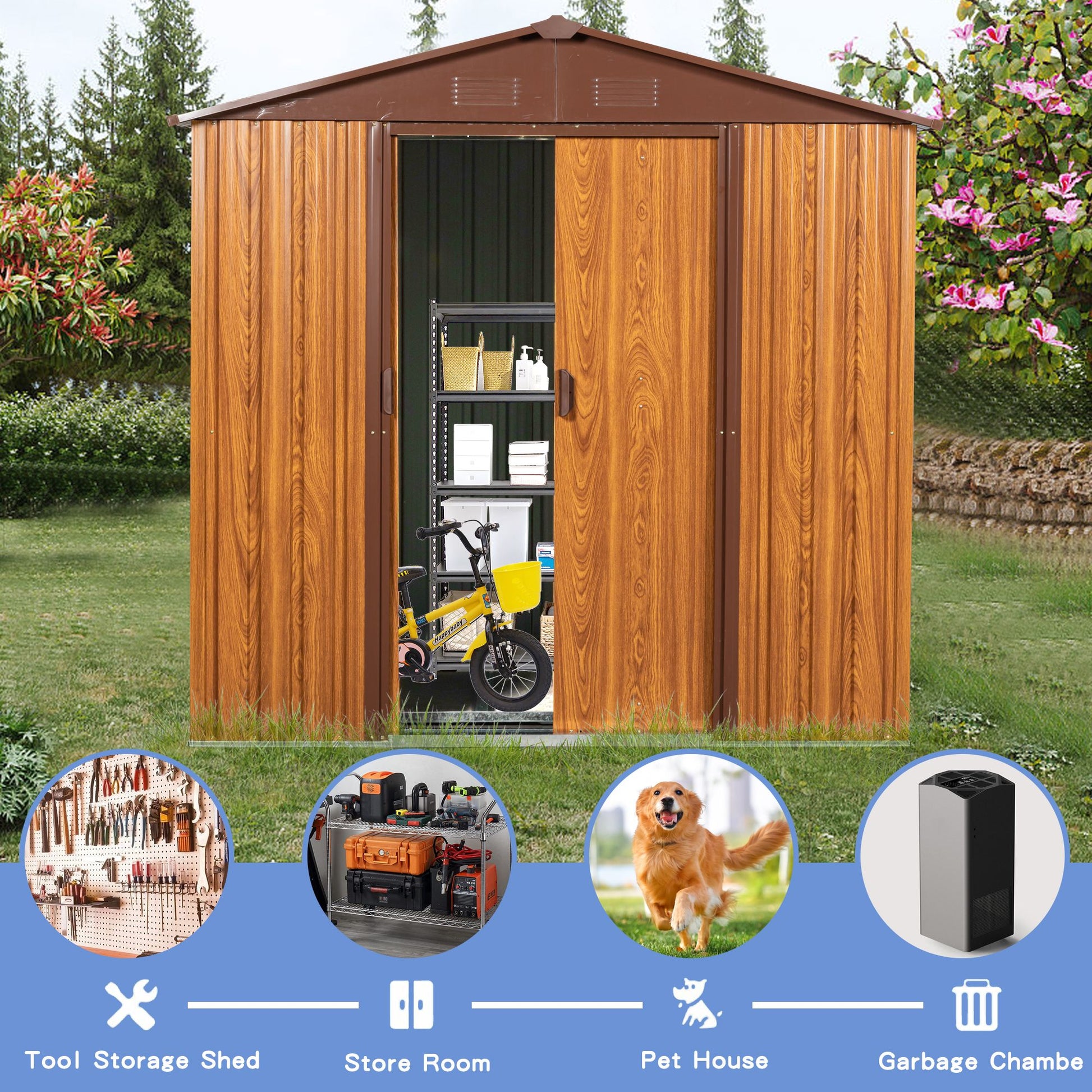 6x6 FT Metal Storage Shed, Sliding Door, Gable Roof, Wood