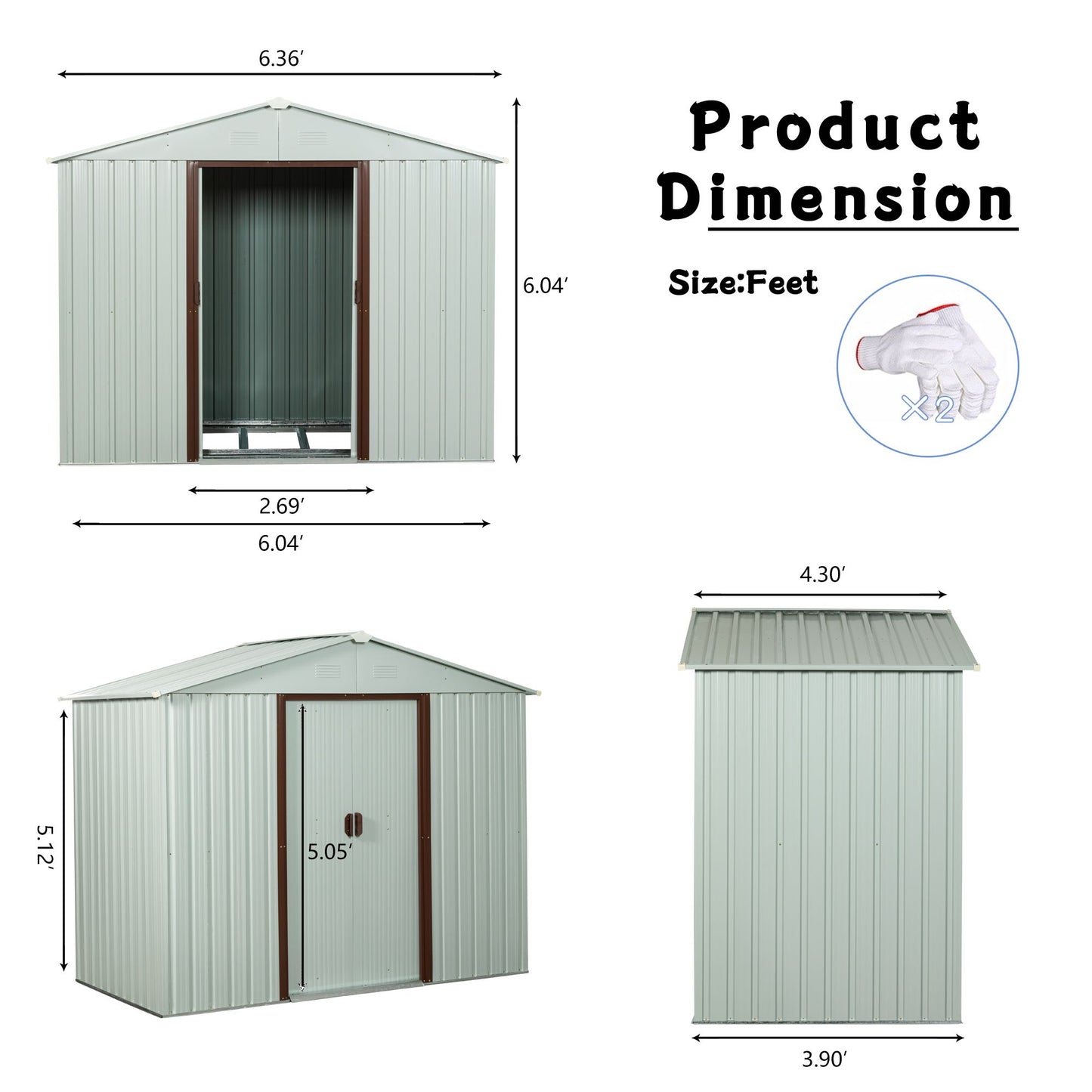 6x5 FT Metal Storage Shed, Sliding Door, Gable Roof, White