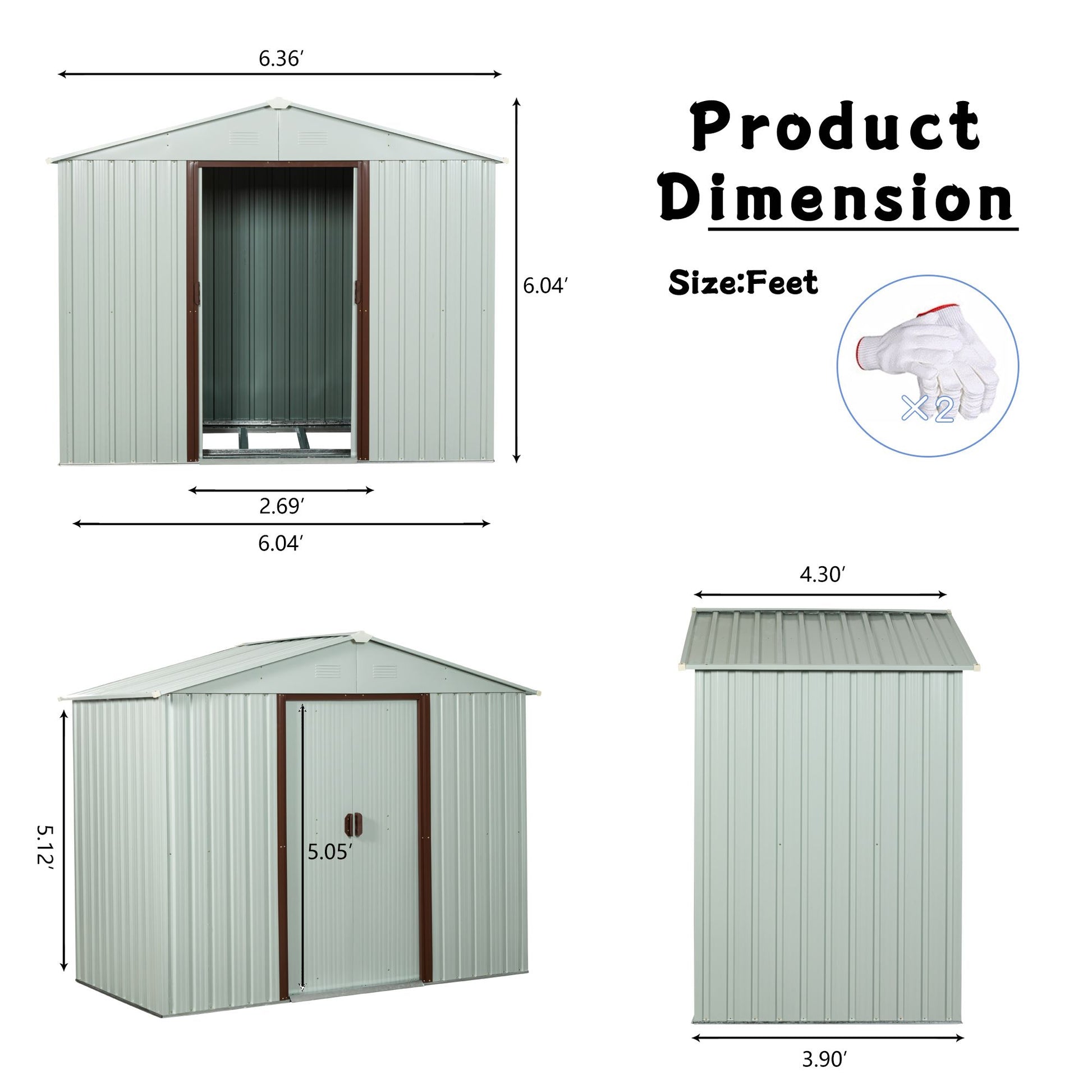 6x5 FT Metal Storage Shed, Sliding Door, Gable Roof, White