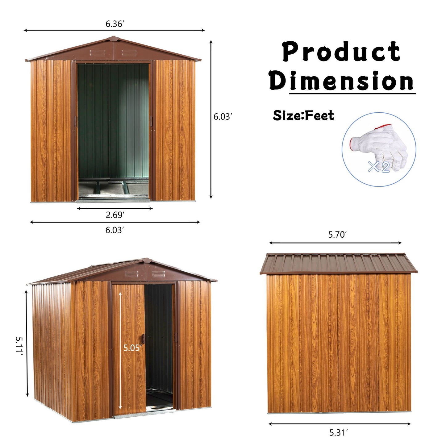 6x6 FT Metal Storage Shed, Sliding Door, Gable Roof, Wood