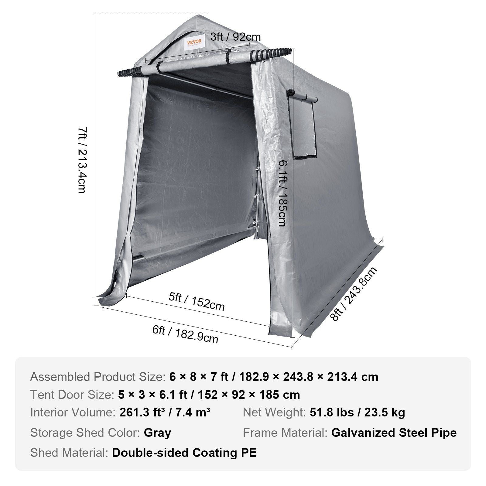 6x8 FT Fabric Carport, 8.46 oz Fabric, 7 FT Peak Height, Gray