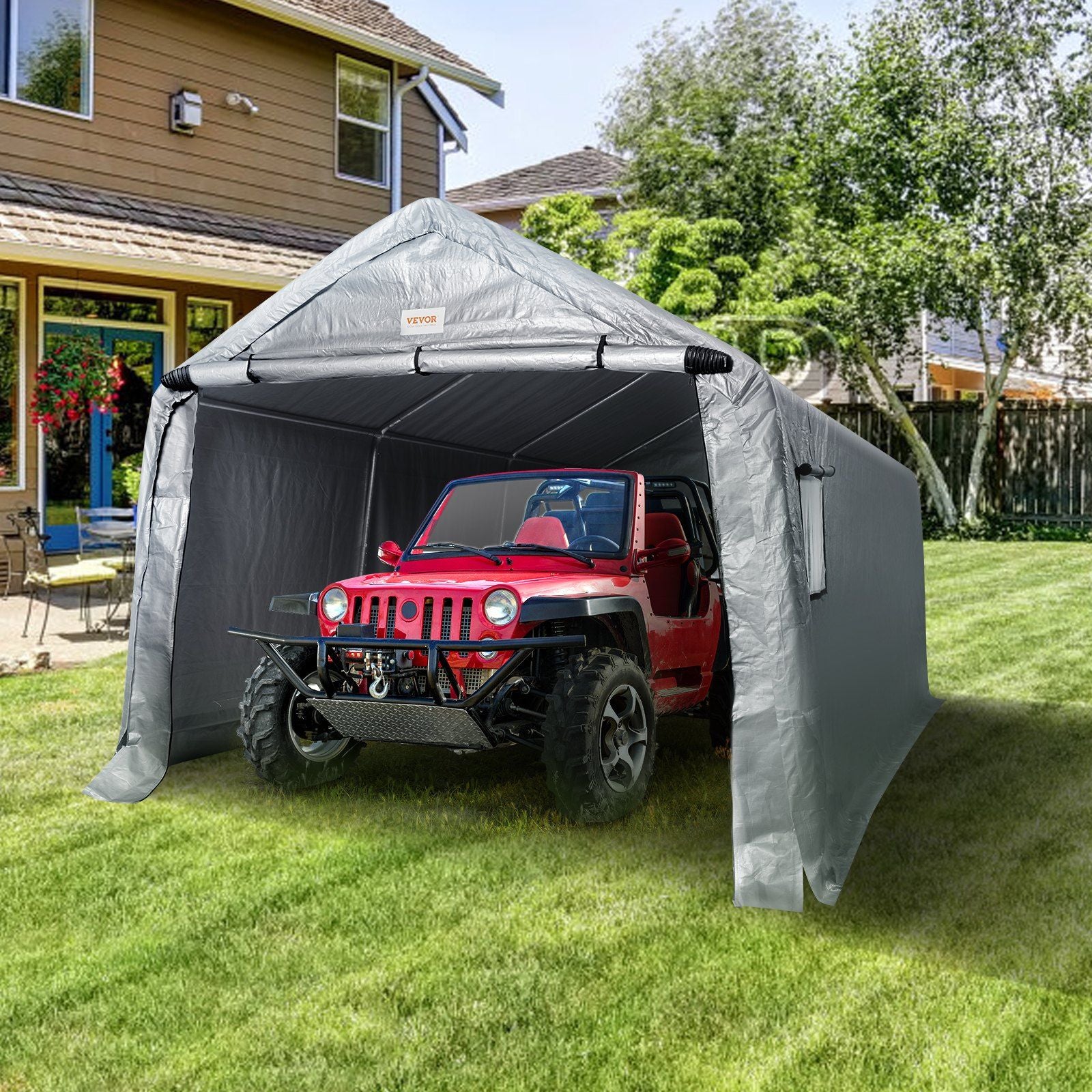 10x15 FT Fabric Carport, 8.46 oz Fabric, 8 FT Peak Height, Gray