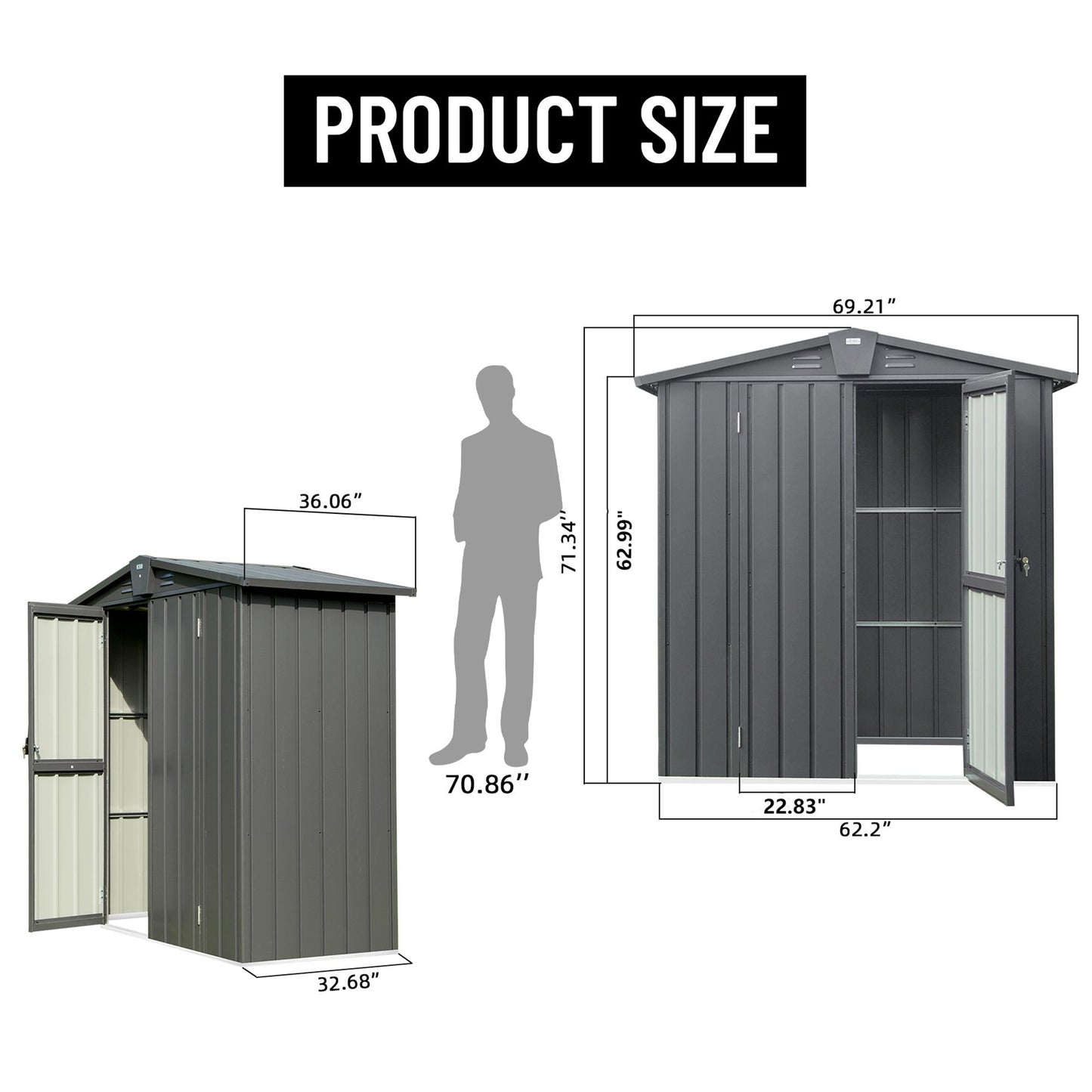 5.7x3 FT Metal Storage Shed, Double Open Door, Gable Roof, Black