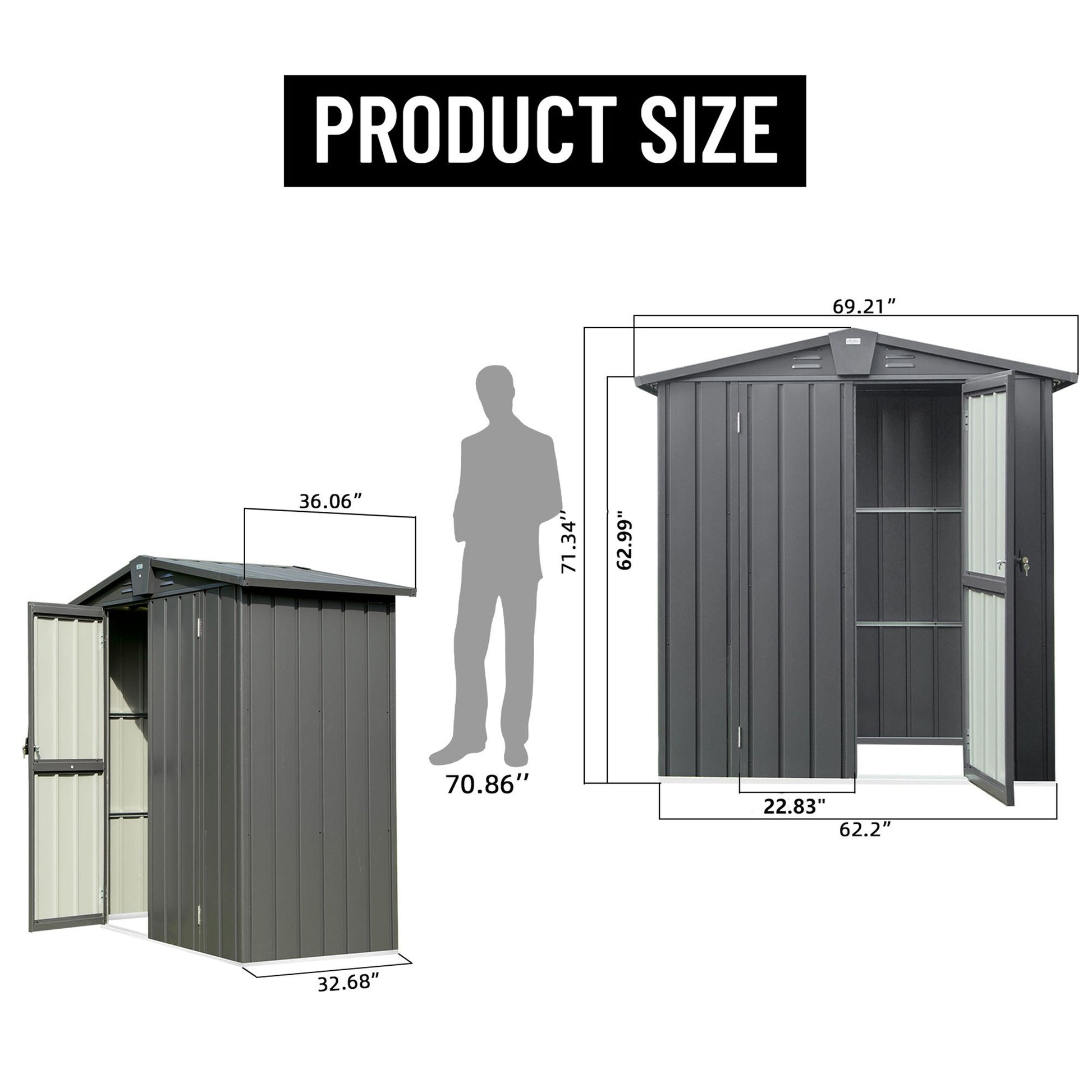 5.7x3 FT Metal Storage Shed, Double Open Door, Gable Roof, Black