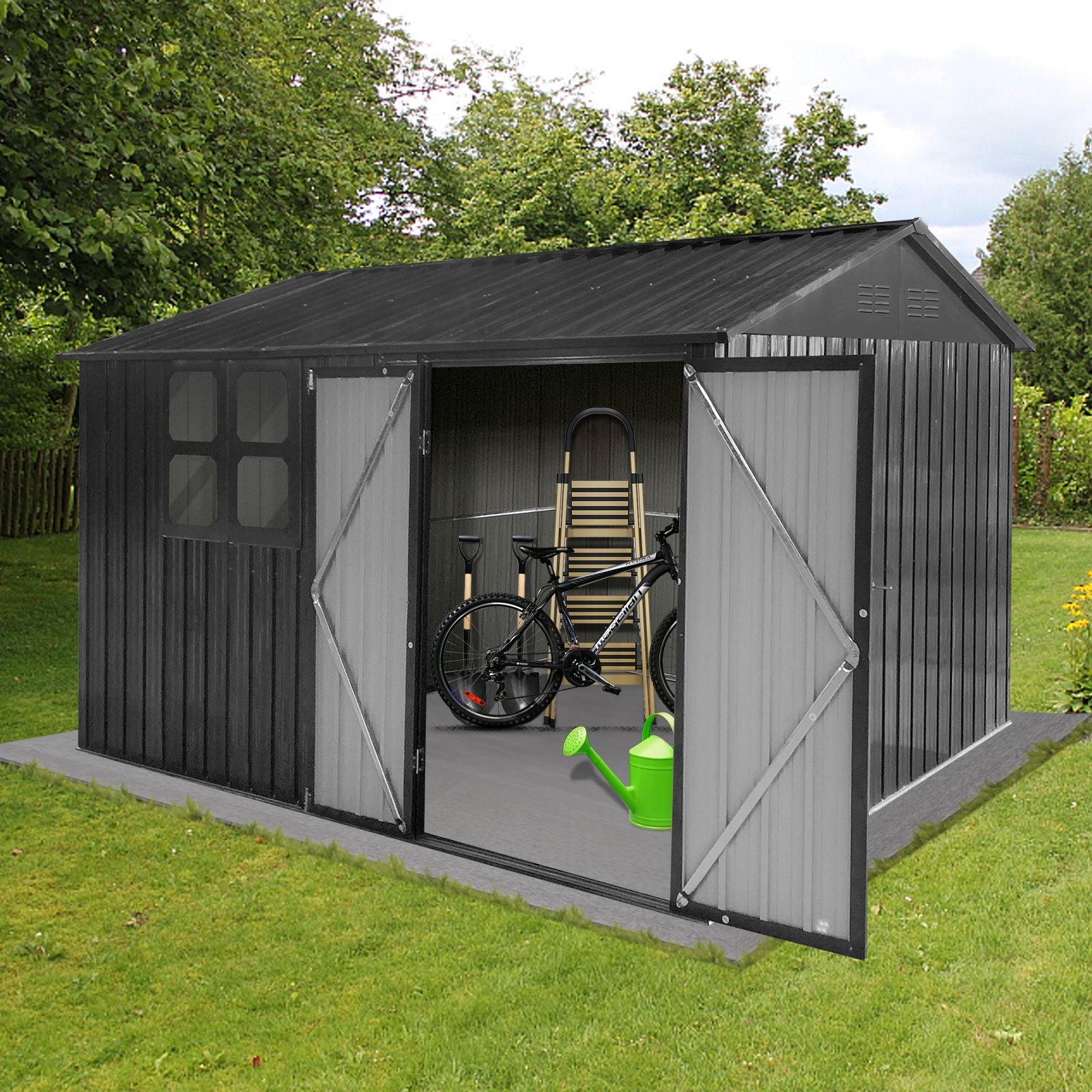 10x8 FT Metal Storage Shed, Window, Double Open Door, Gable Roof, Black