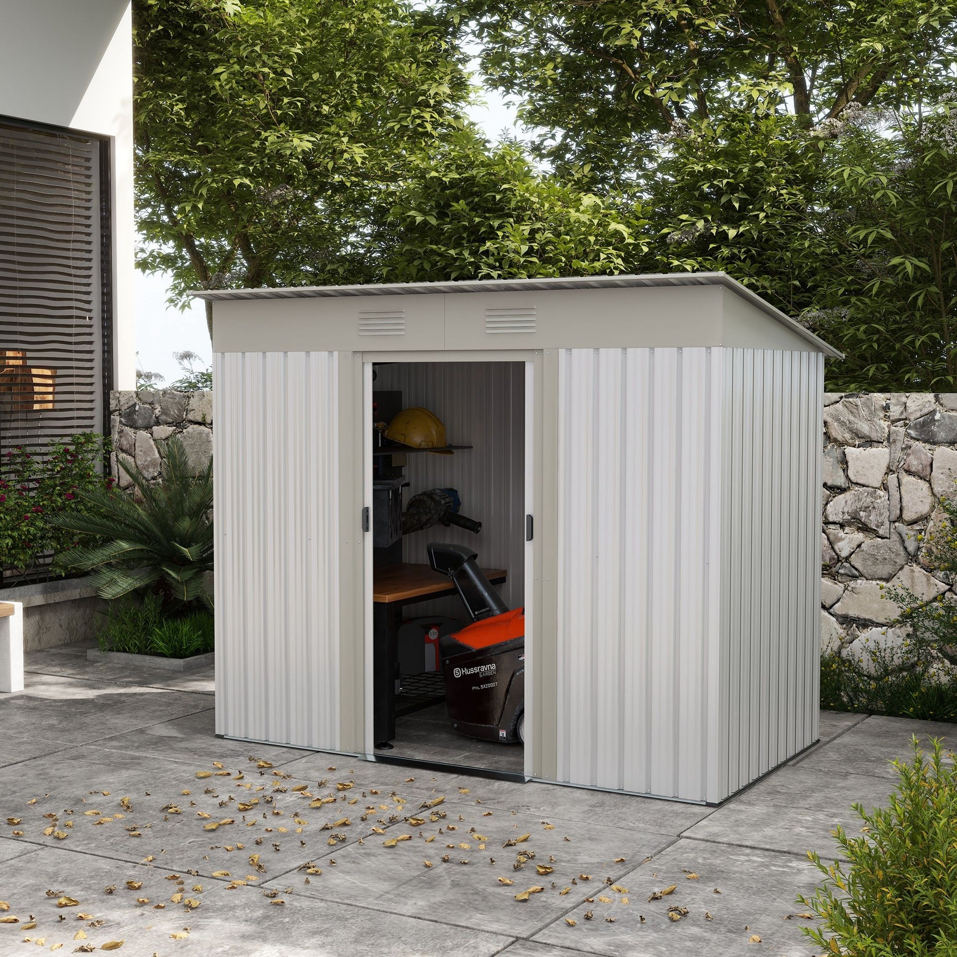 7x4 FT Metal Storage Shed, Sliding Door, Lean-to Roof, Gray