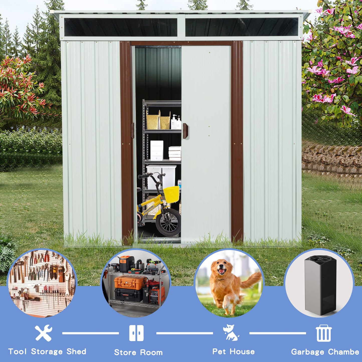 6x5 FT Metal Storage Shed, Skylight & Window, Sliding Door, Lean-to Roof, White