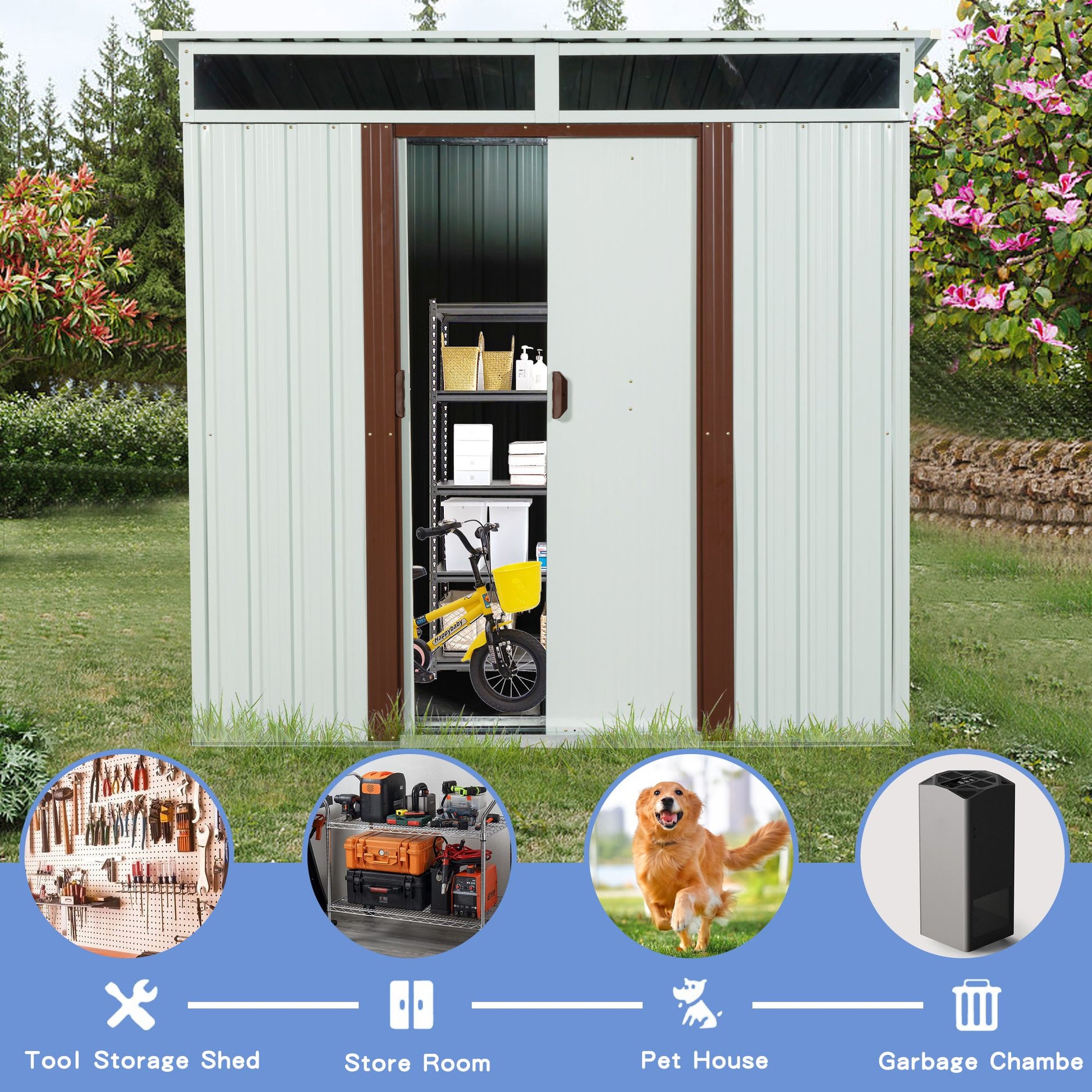 6x5 FT Metal Storage Shed, Skylight & Window, Sliding Door, Lean-to Roof, White