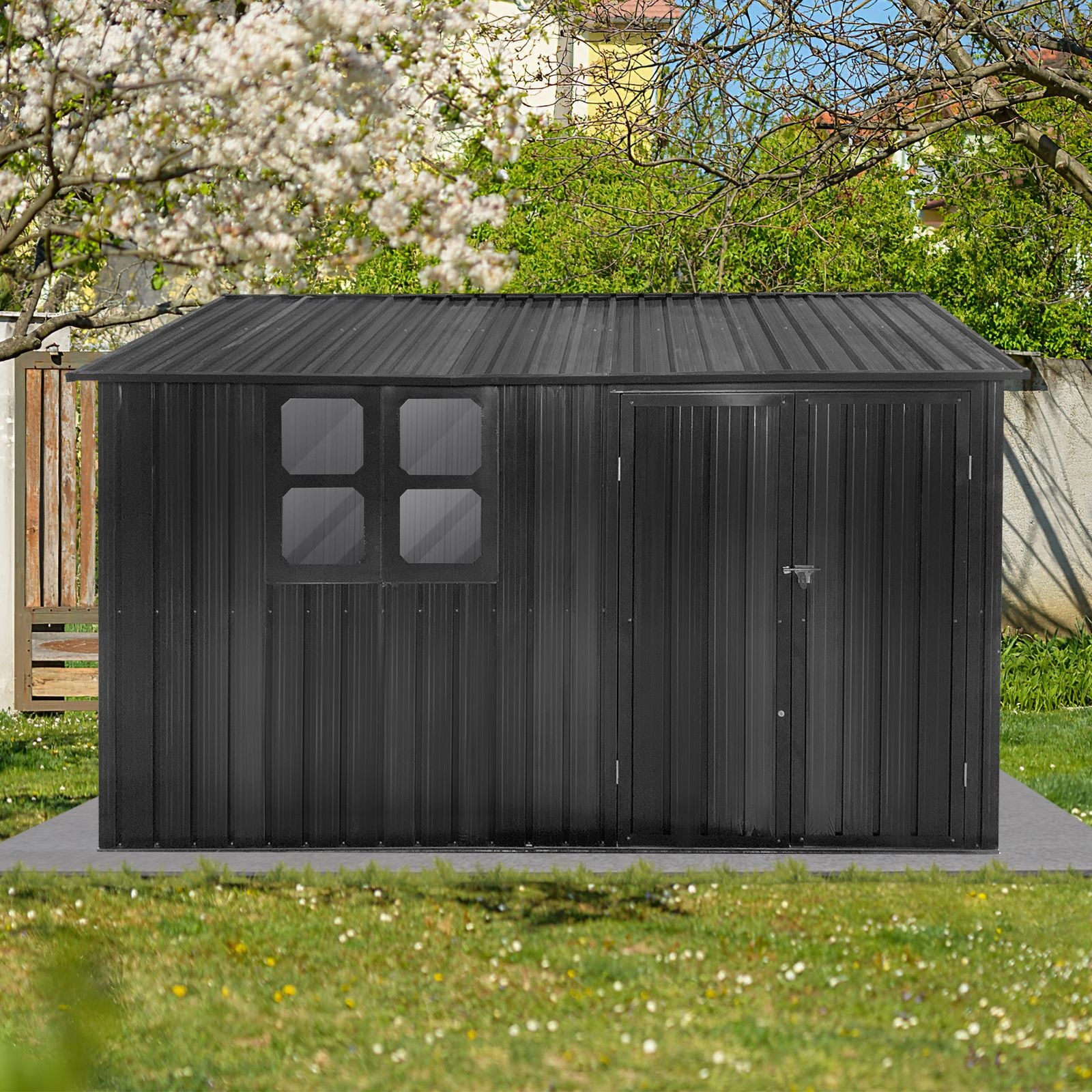 10x8 FT Metal Storage Shed, Window, Double Open Door, Gable Roof, Black