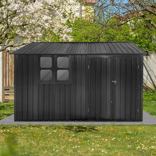 10x8 FT Metal Storage Shed, Window, Double Open Door, Gable Roof, Black