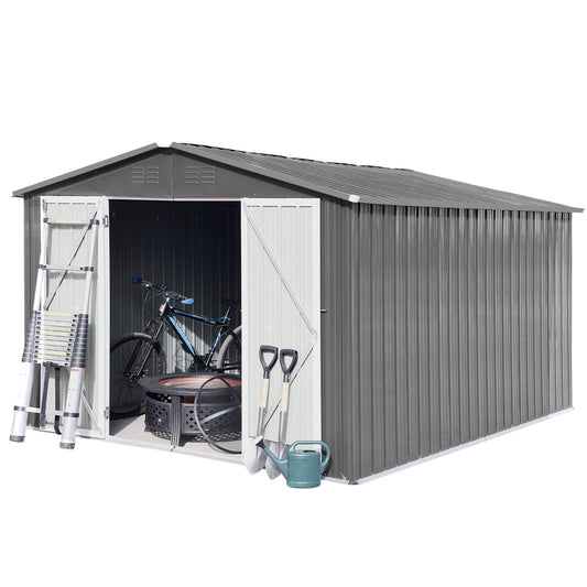 10x12 FT Metal Storage Shed, Double Open Door, Gable Roof, Gray