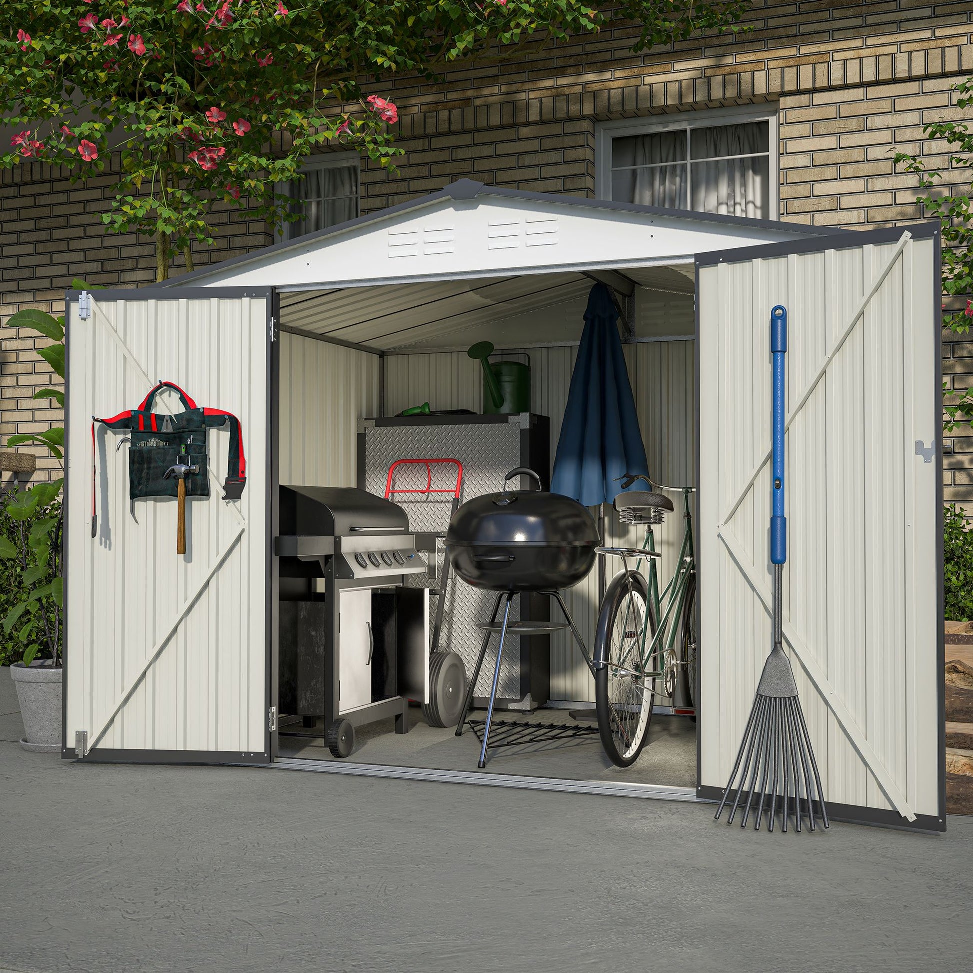 8x6 FT Metal Storage Shed, Double Open Door, Gable Roof, White