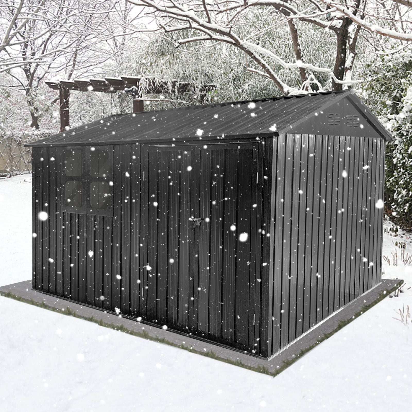 10x8 FT Metal Storage Shed, Window, Double Open Door, Gable Roof, Black
