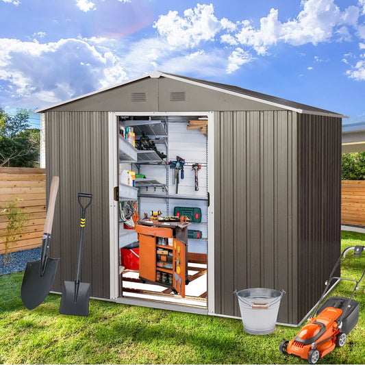 8x6 FT Metal Storage Shed, Floor Base, Sliding Door, Gable Roof, Gray