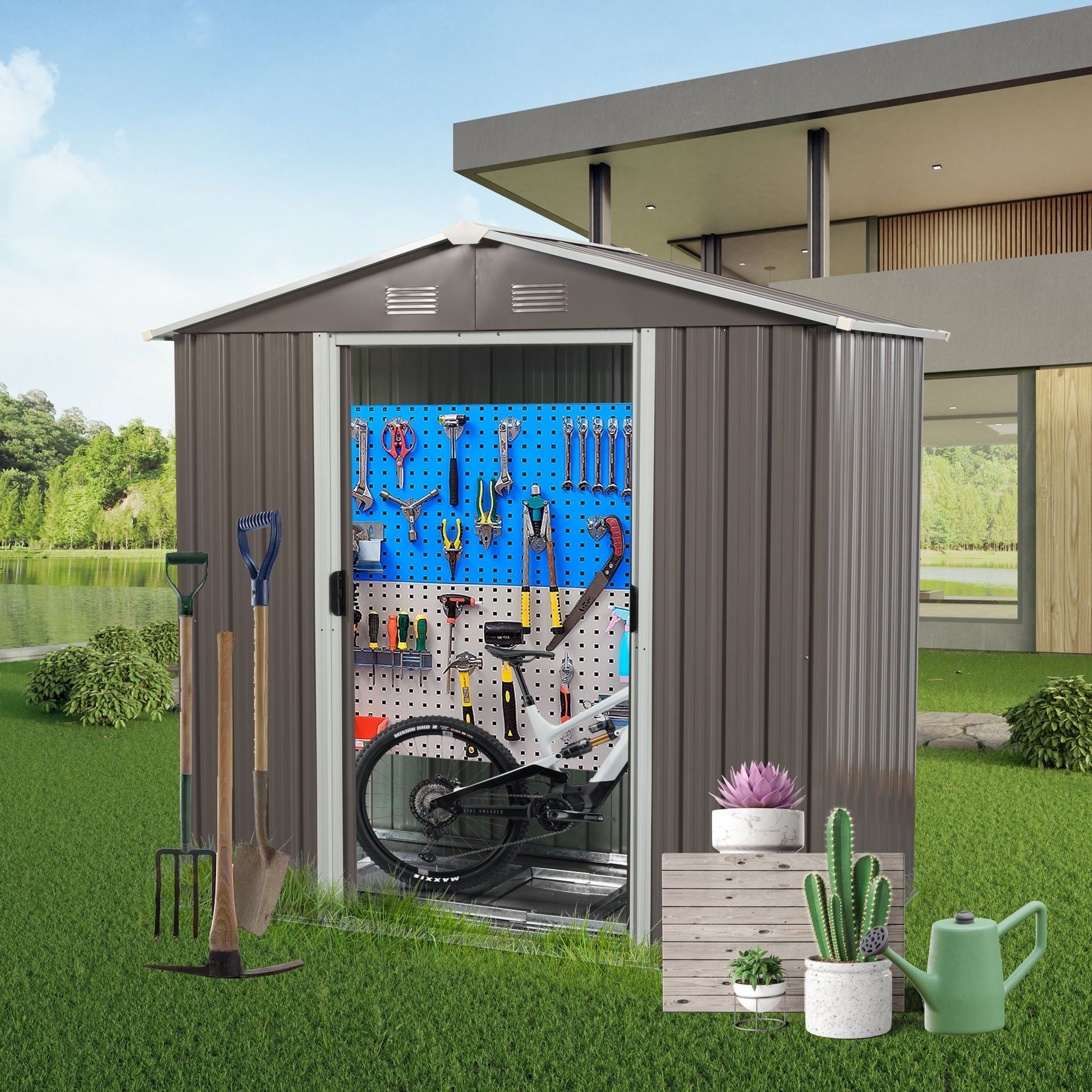 8x4 FT Metal Storage Shed, Sliding Door, Gable Roof, Gray