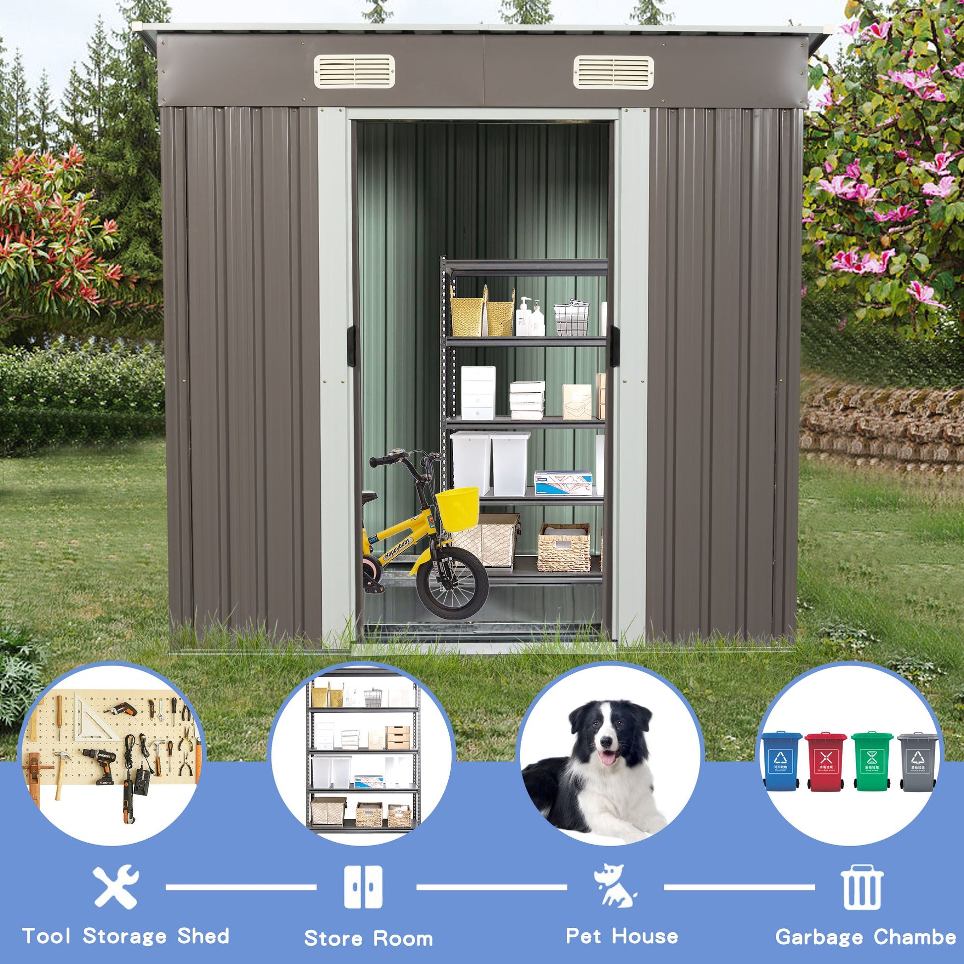 6x4 FT Metal Storage Shed, Sliding Door, Lean-to Roof, Gray