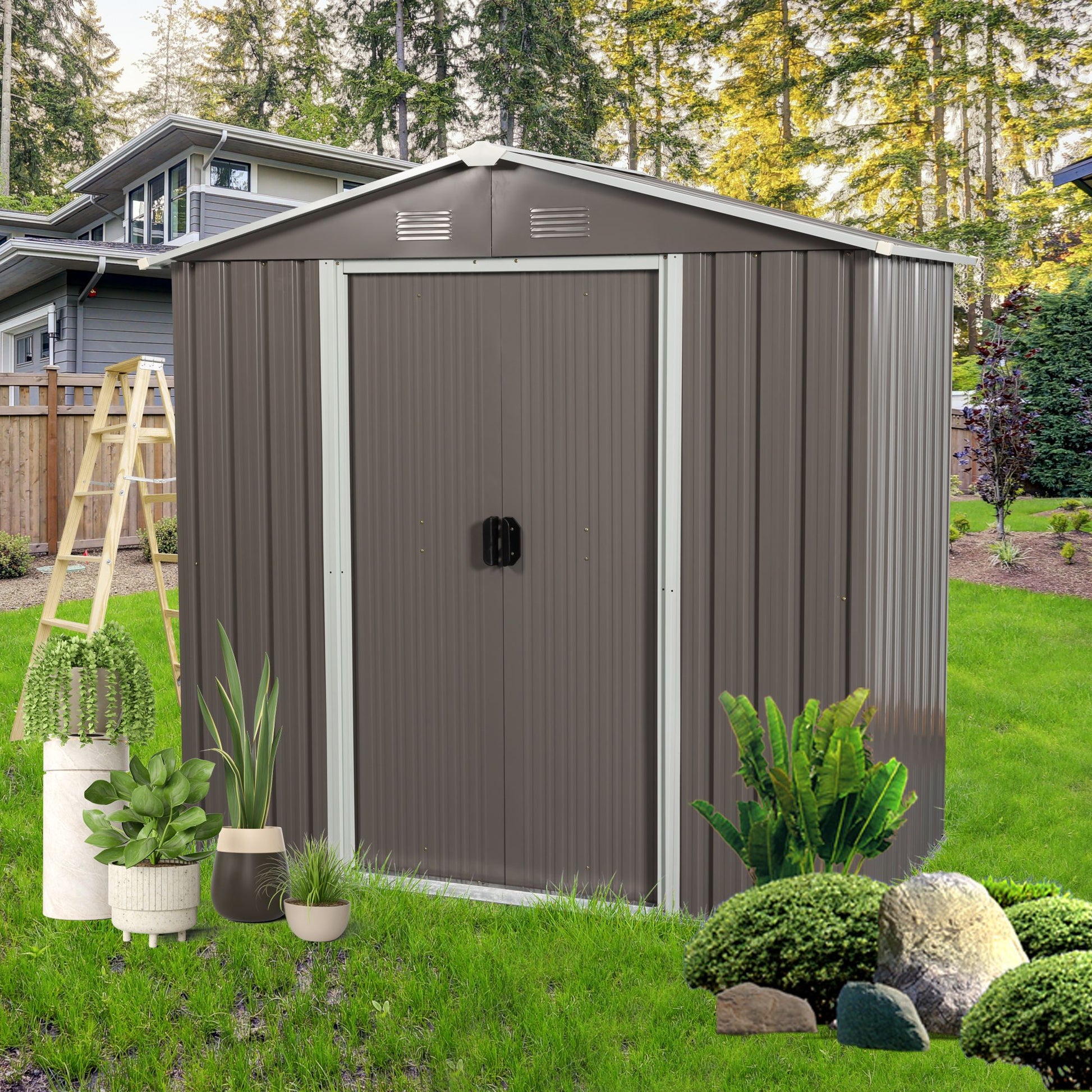 8x4 FT Metal Storage Shed, Sliding Door, Gable Roof, Gray
