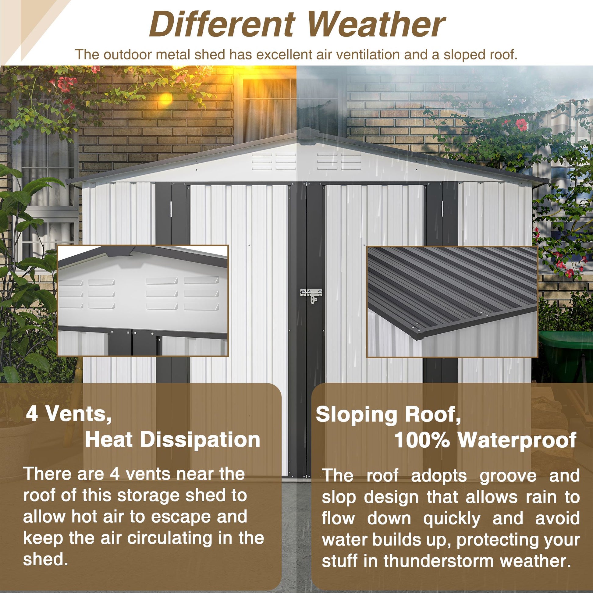 8x6 FT Metal Storage Shed, Double Open Door, Gable Roof, White