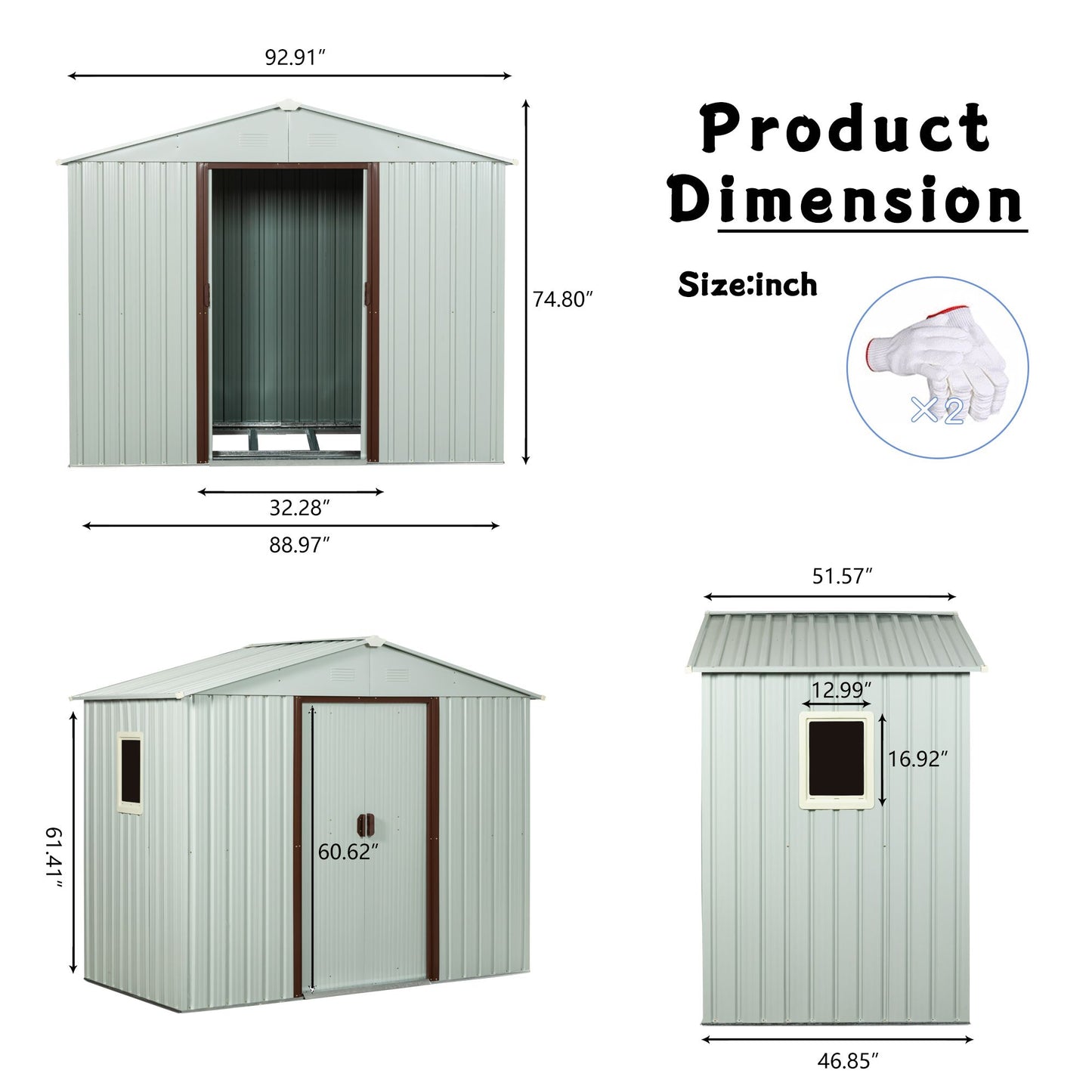 8x4 FT Metal Storage Shed, Window, Sliding Door, Gable Roof, White