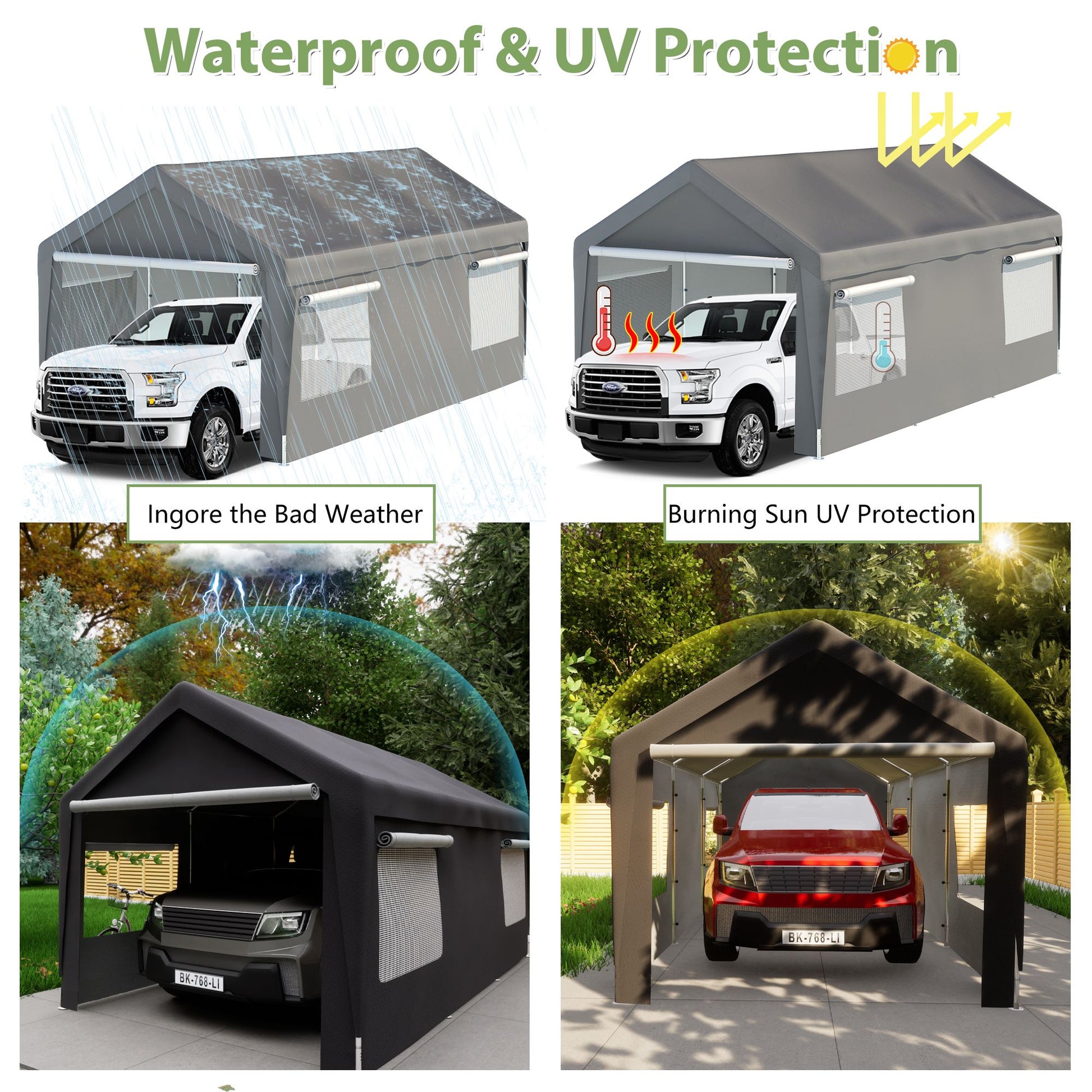 10x20 FT Fabric Carport, 1.5" Steel Frame, Detachable Side Walls, 6.35 oz Polyethylene Fabric, Gray