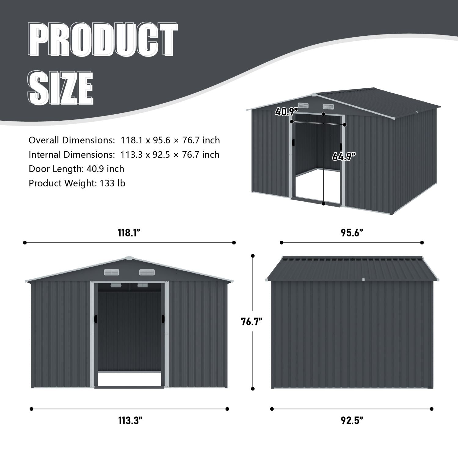 8x10 FT Metal Storage Shed, Sliding Door, Gable Roof, Gray