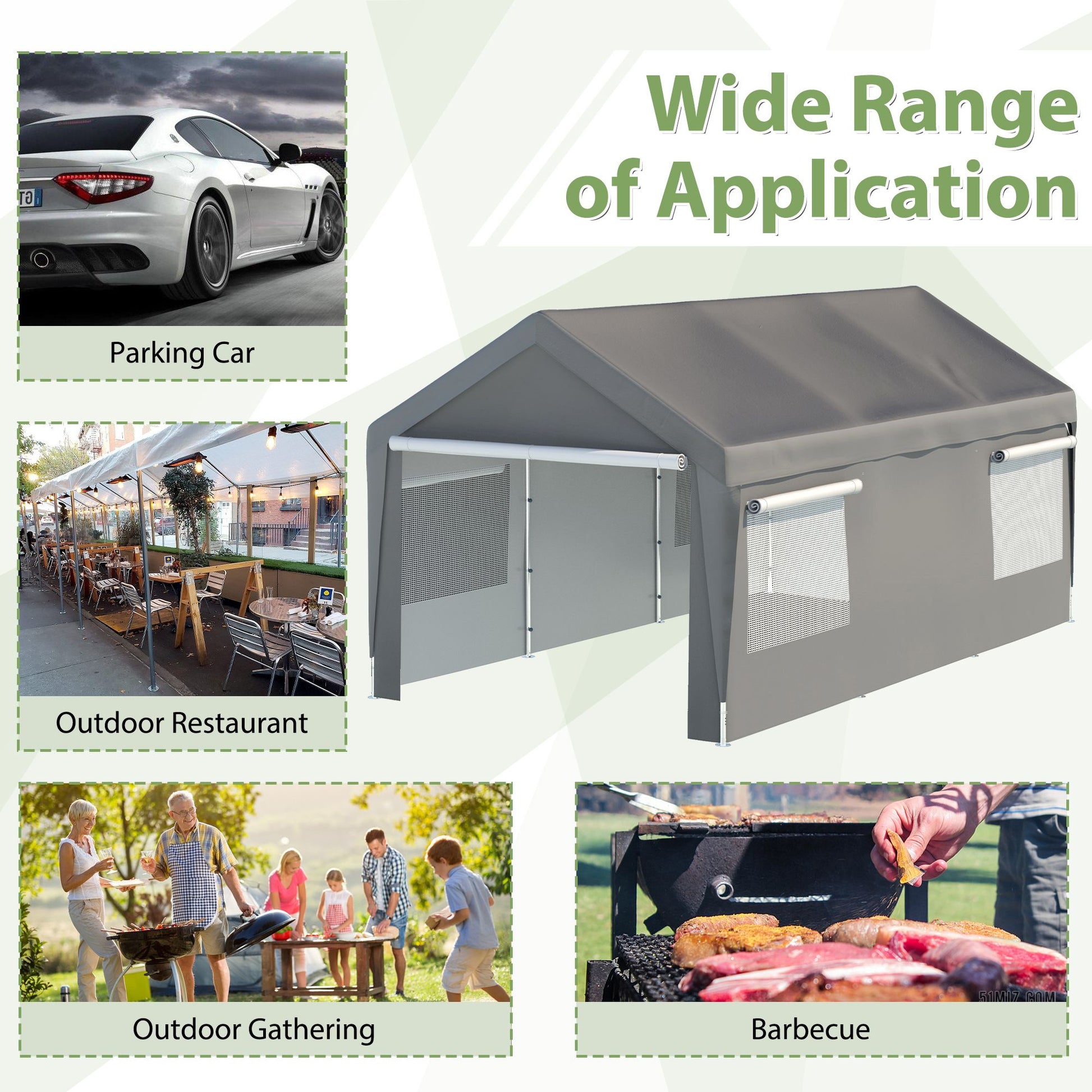 10x20 FT Fabric Carport, 1.5" Steel Frame, Detachable Side Walls, 6.35 oz Polyethylene Fabric, Gray