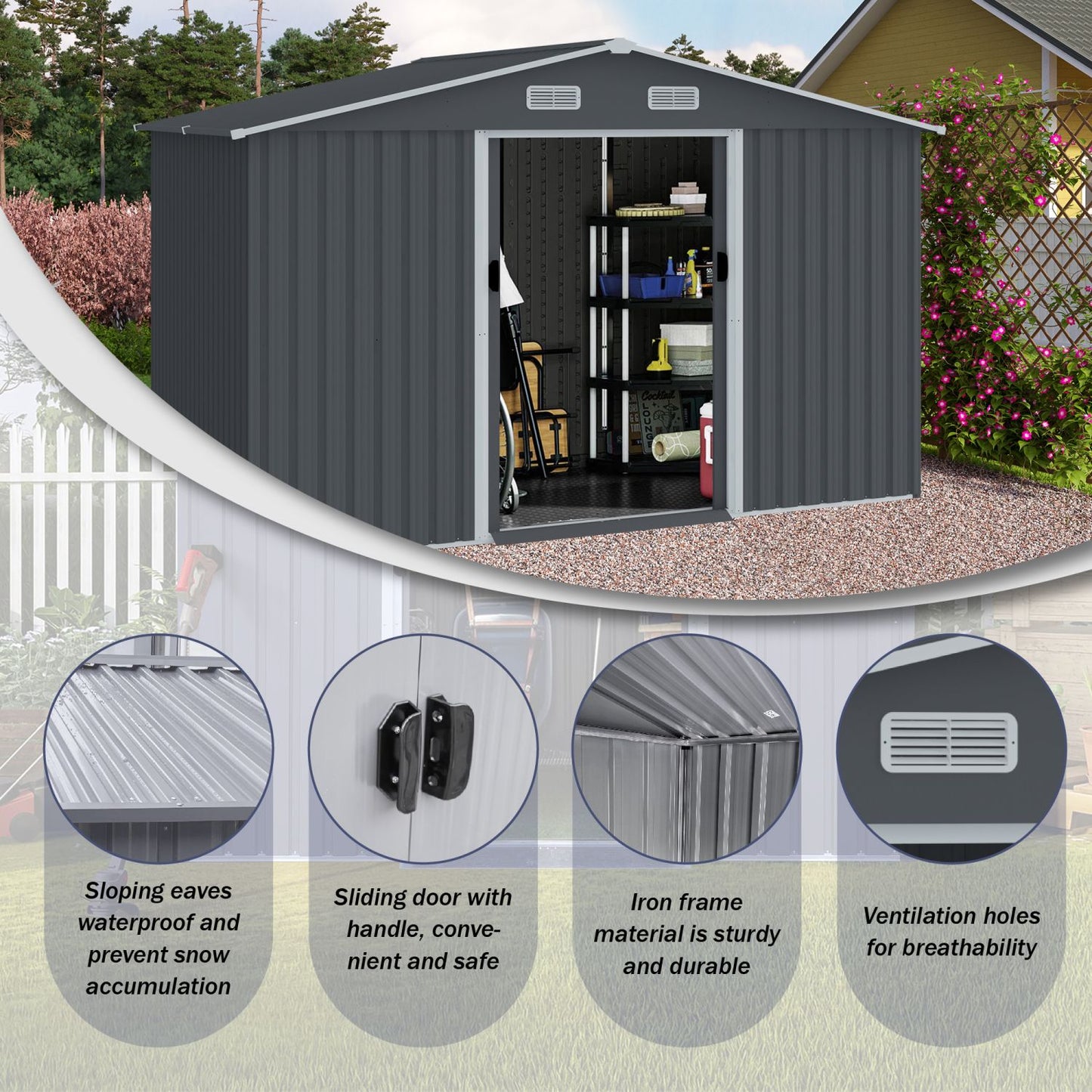 8x10 FT Metal Storage Shed, Sliding Door, Gable Roof, Gray