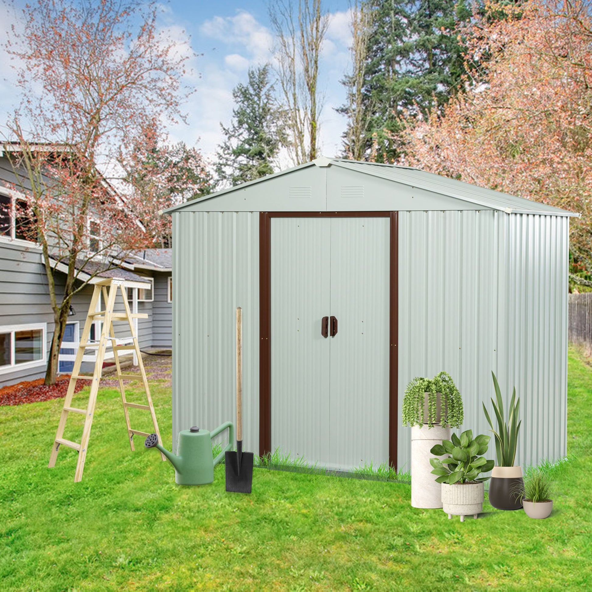 6x5 FT Metal Storage Shed, Sliding Door, Gable Roof, White
